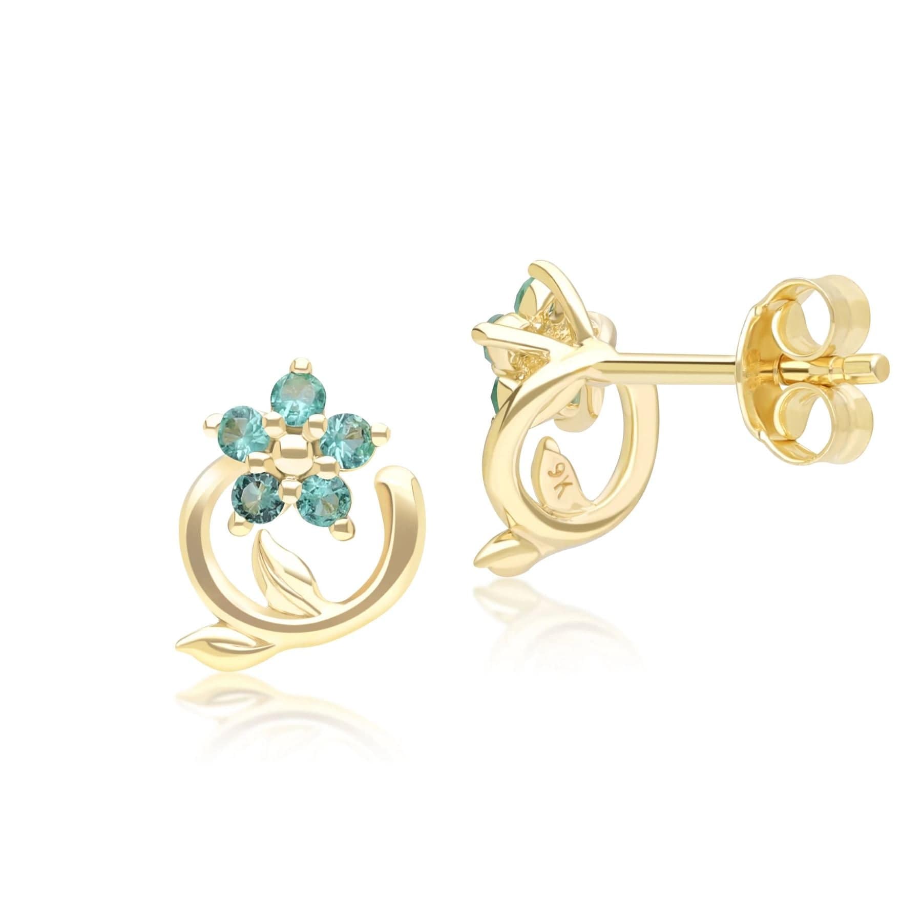 Floral Vine Emerald Stud Earrings In Yellow Gold