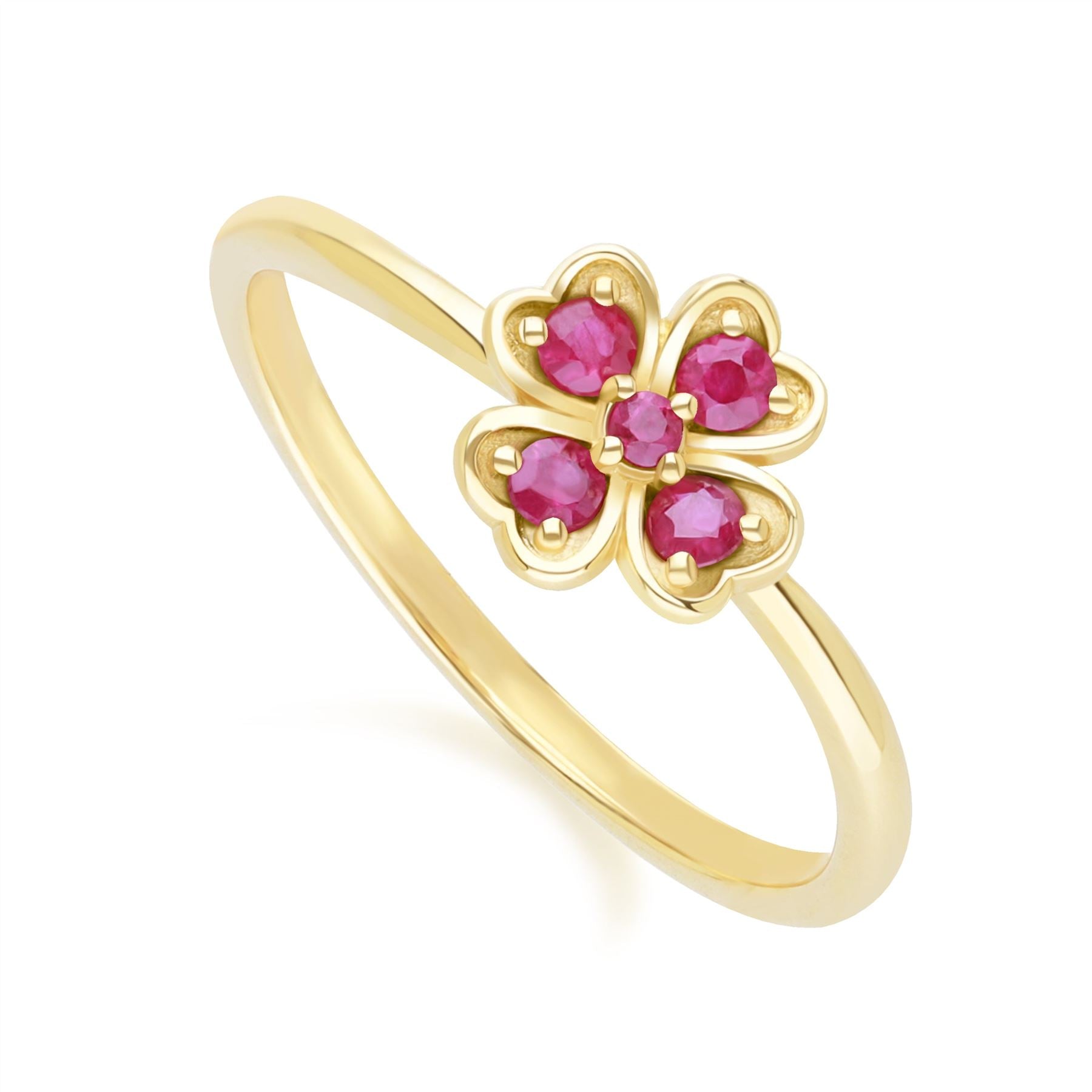 Gardenia Round Ruby Clover Ring In Yellow Gold