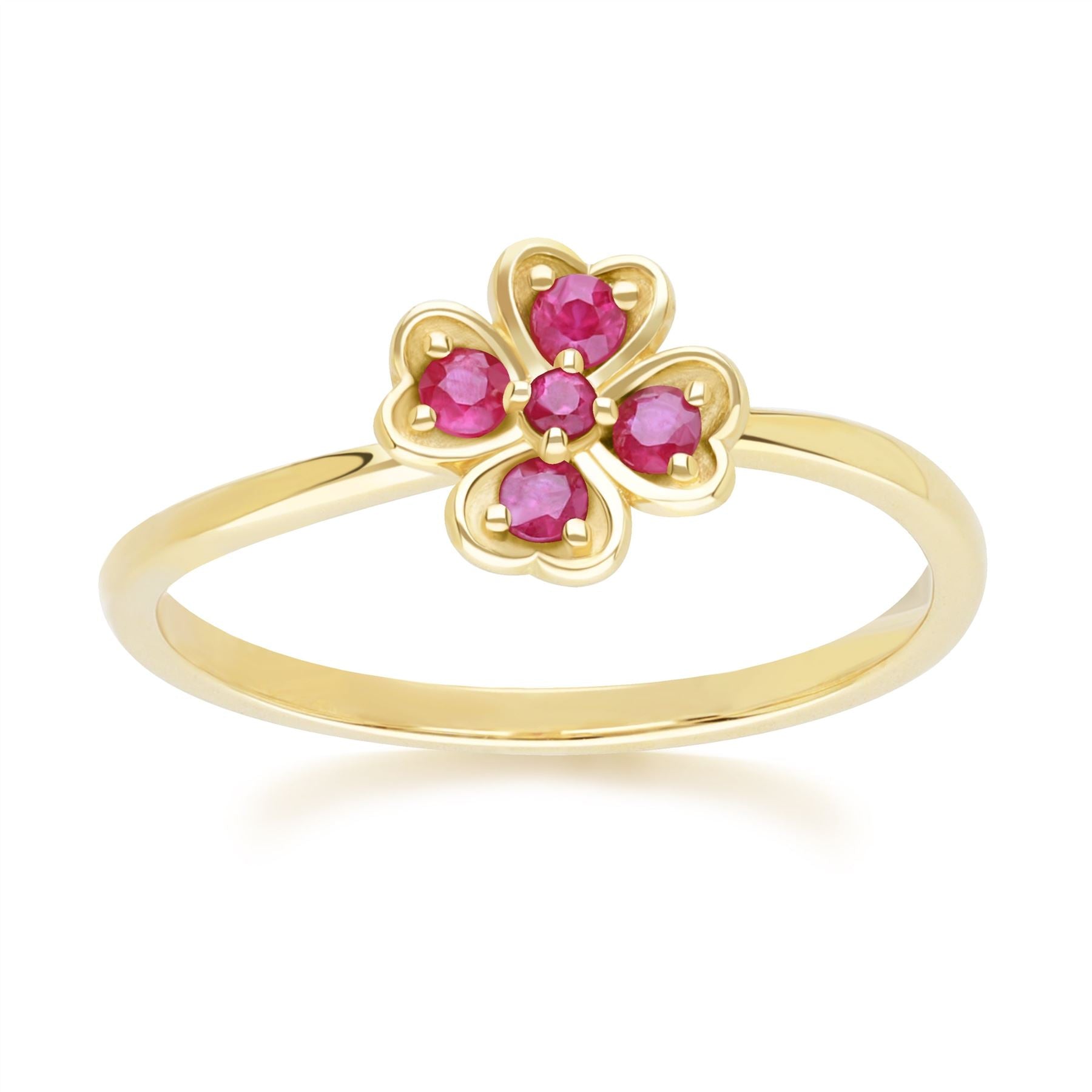 Gardenia Round Ruby Clover Ring In Yellow Gold