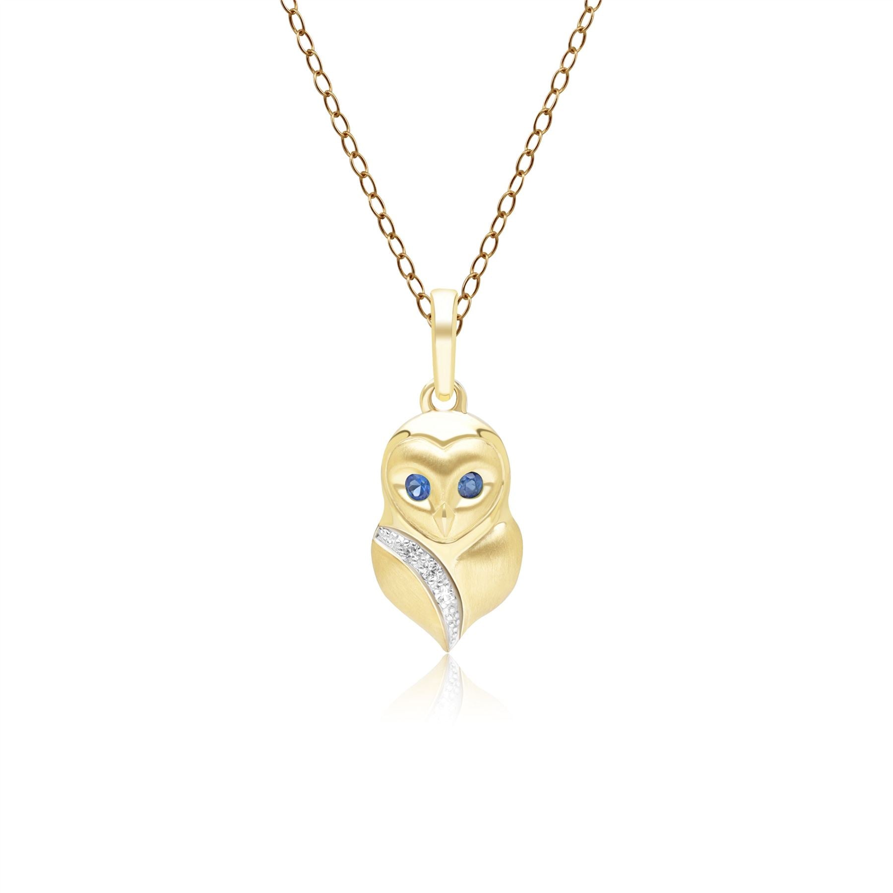 Gardenia Sapphire White Sapphire Owl Pendant Necklace In Yellow Gold