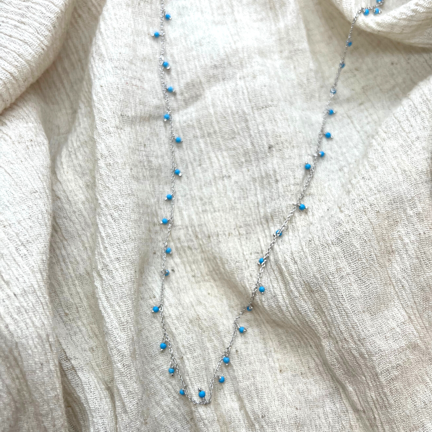 Blue Turquoise Beaded Sterling Silver Chain Necklace