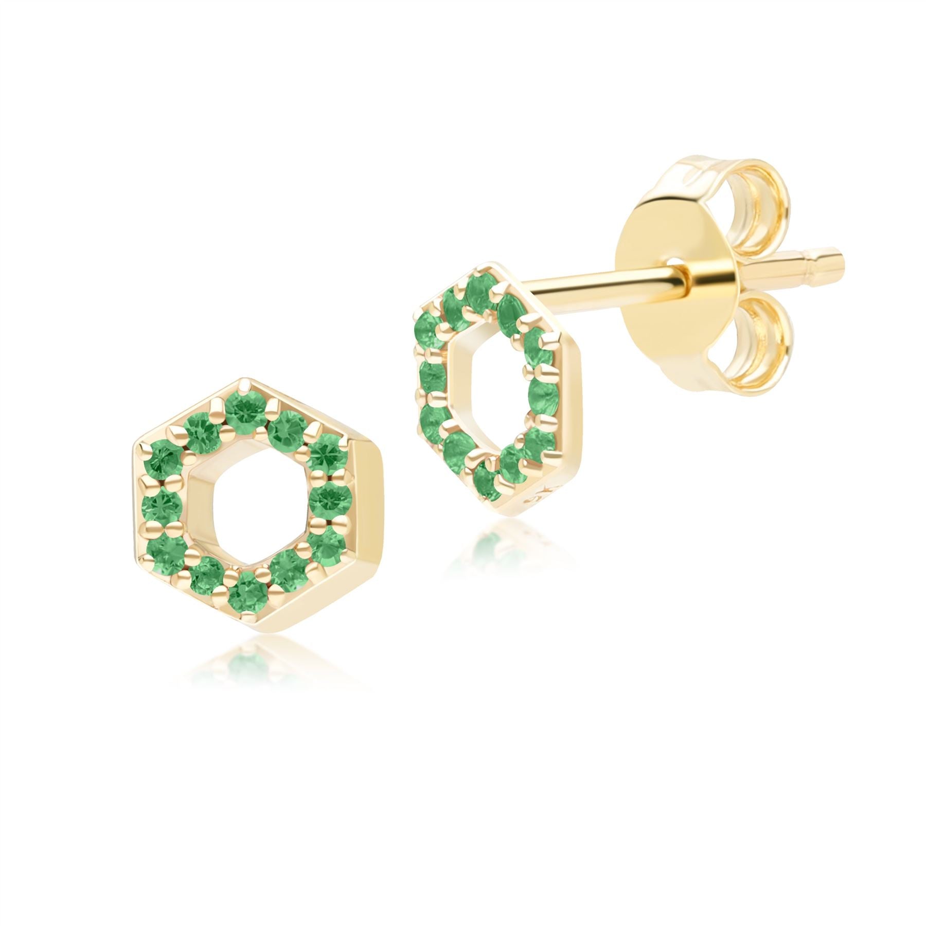 Geometric Hex Emerald Stud Earrings In Yellow Gold