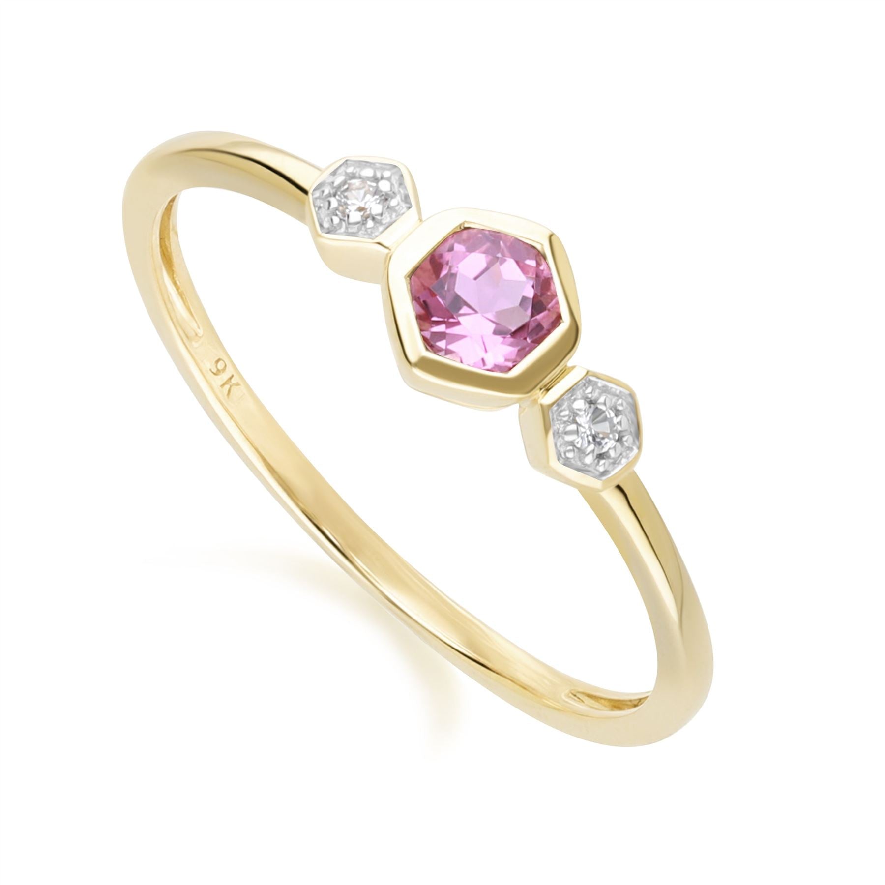 Geometric Round Pink Tourmaline Sapphire Ring In Yellow Gold