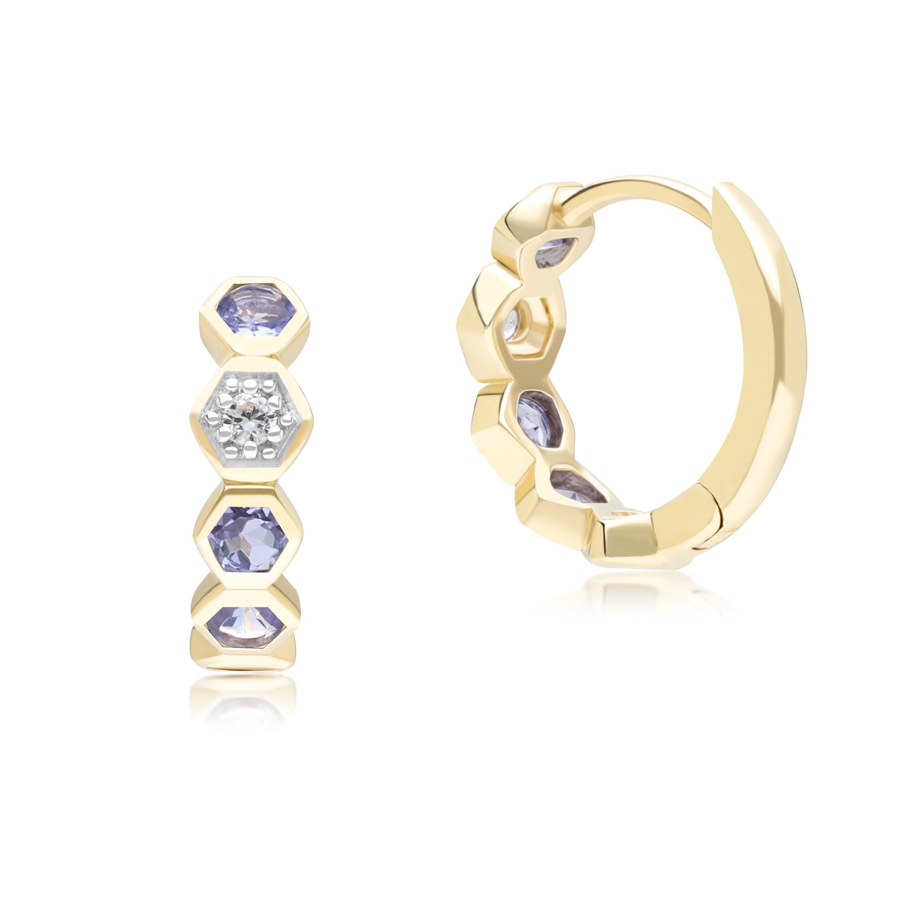 Geometric Round Tanzanite Sapphire Hoop Earrings In Yellow Gold