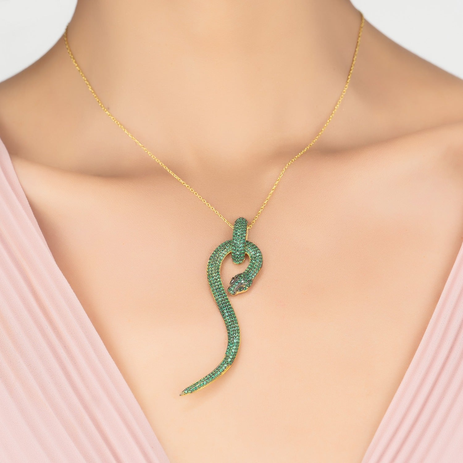 Anaconda Snake Pendant Necklace Gold Emerald