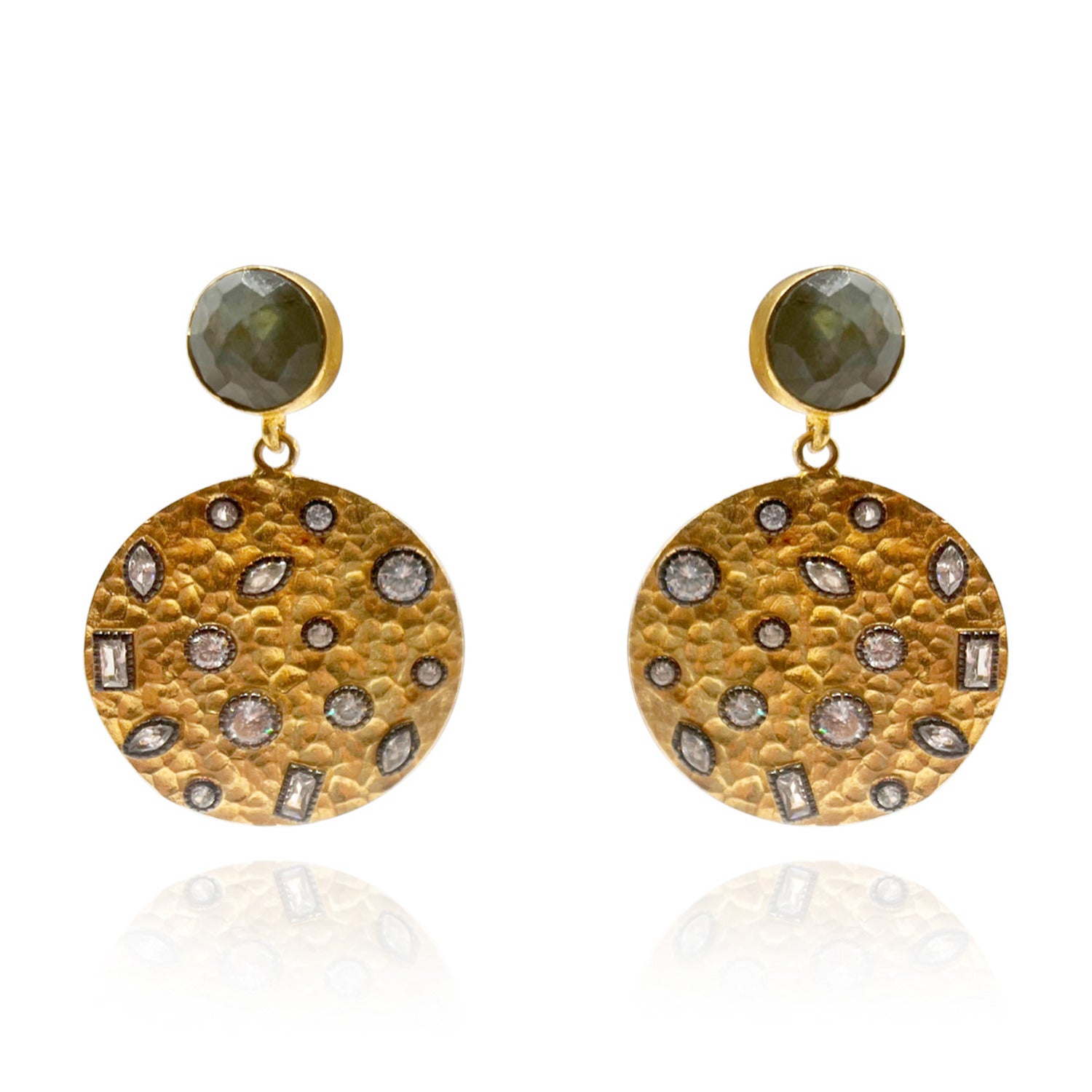 Gold Plated Brass Disk Earrings With Cubic Zirconia