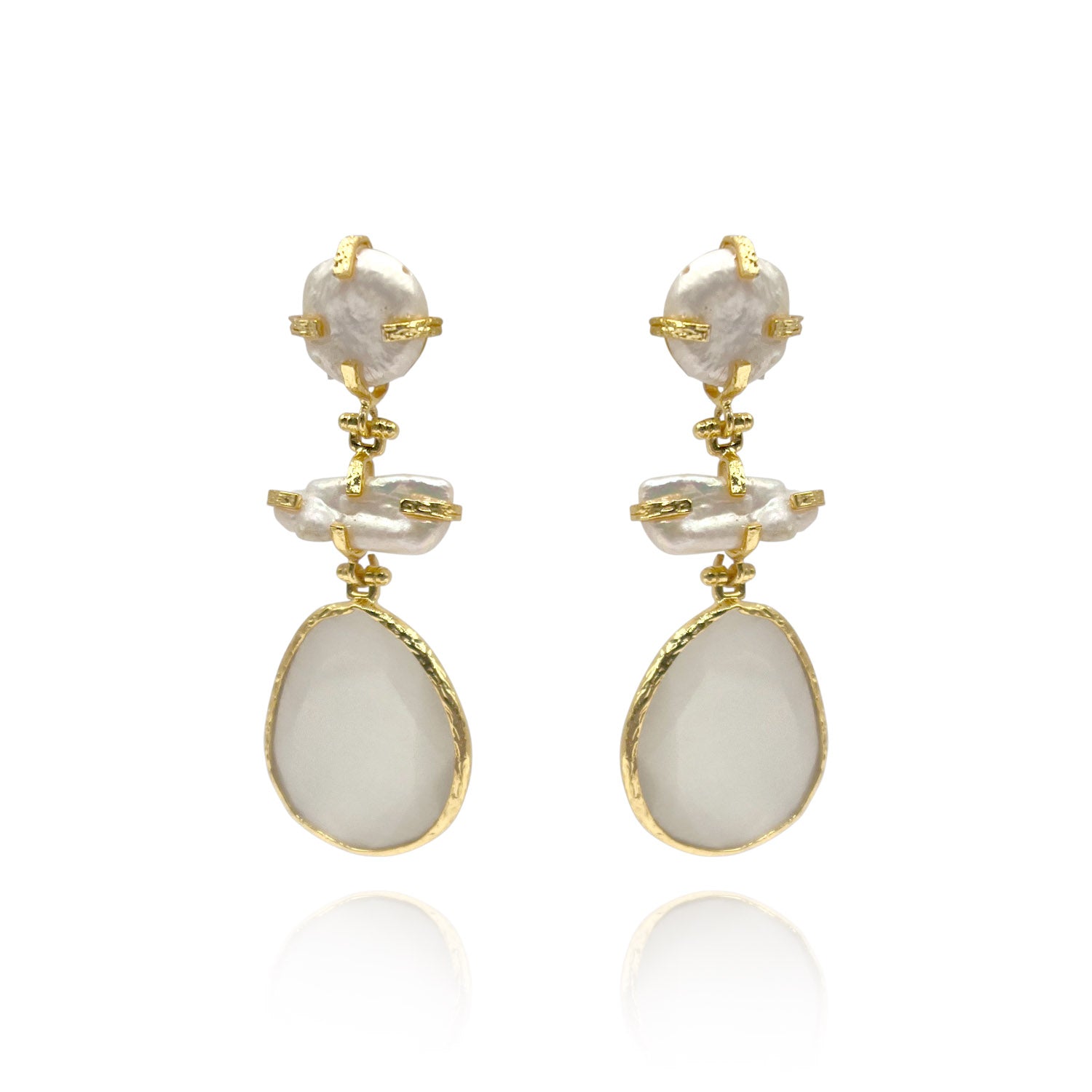 Gold Plated Brass Drop Earrings With Freshwater Pearls And Large White Cat's Eye