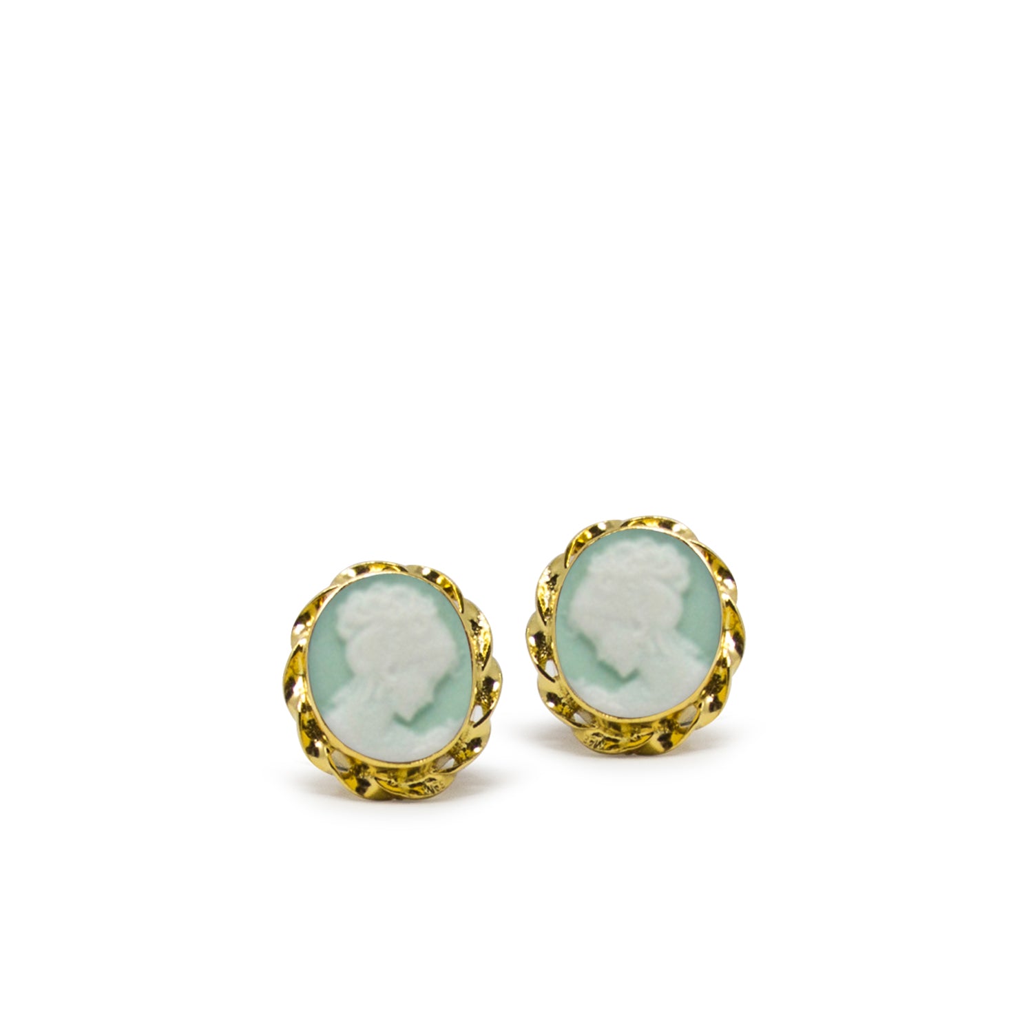 Gold Plated Green Mini Cameo Stud Earrings