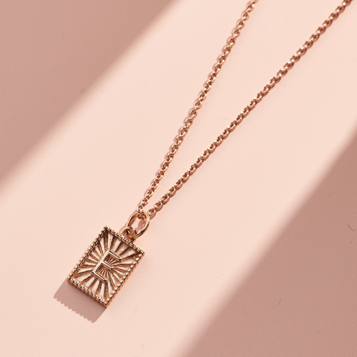 Rose Gold Plated Sunbeam Rectangle Initial Charm Necklace