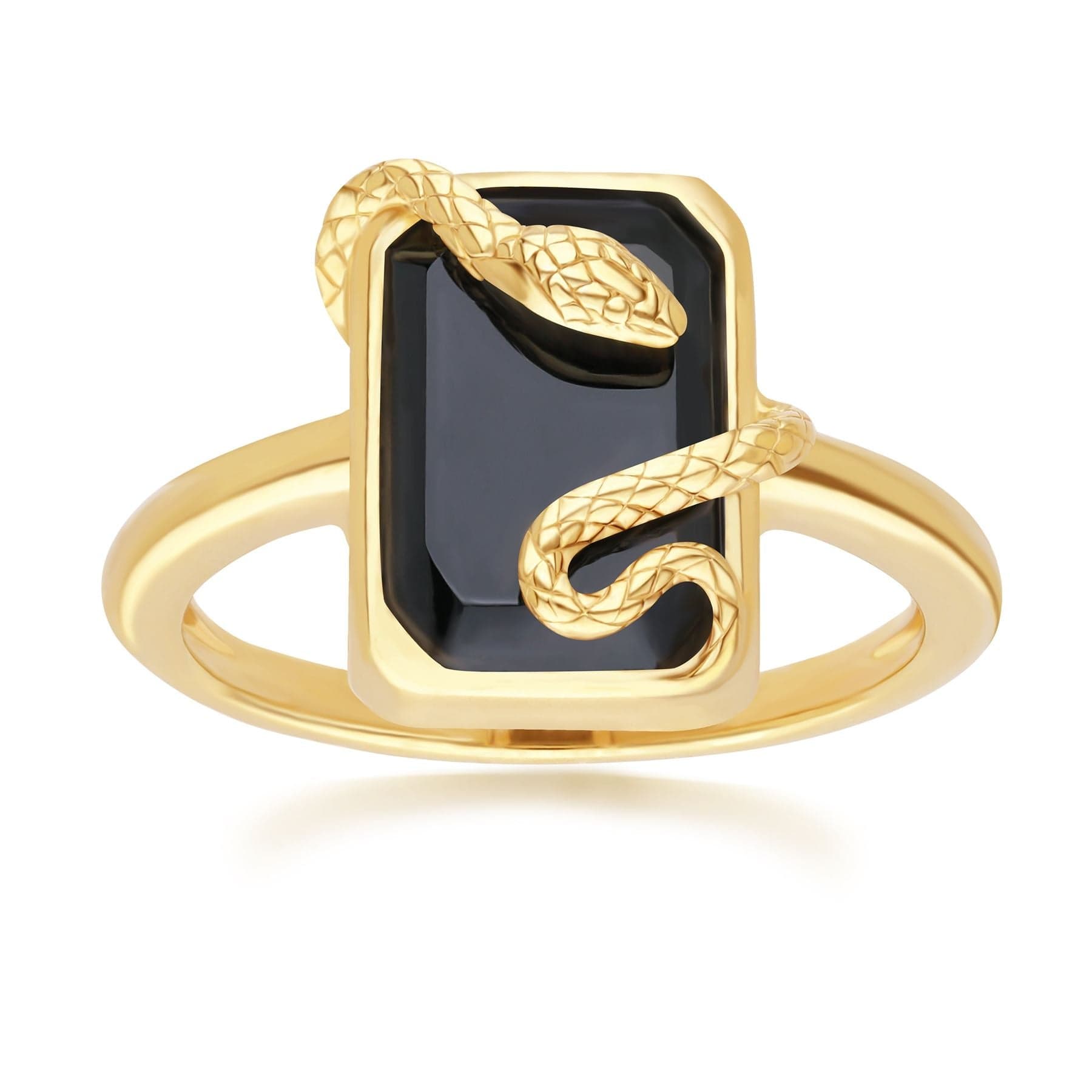 Black Onyx Snake Wrap Ring In Gold Plated Sterling Silver