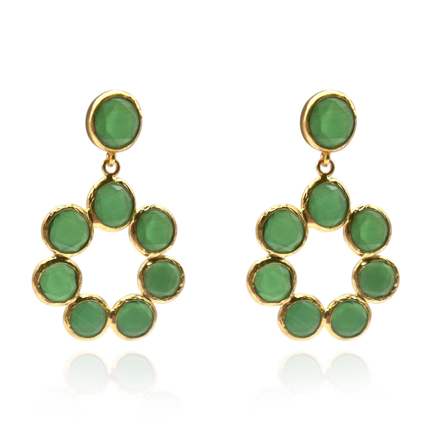 Green Cat S Eye Multi Round Earrings With Round Top