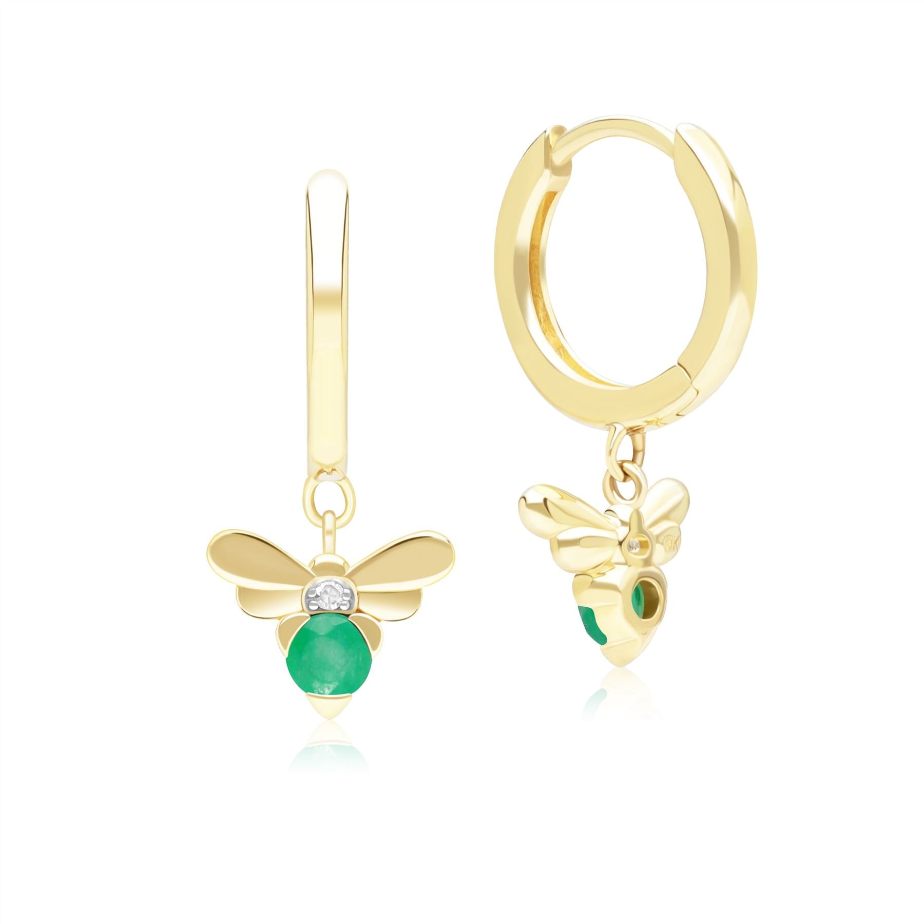 Honeycomb Inspired Emerald Diamond Bee Hoop Earrings In Yellow Gold