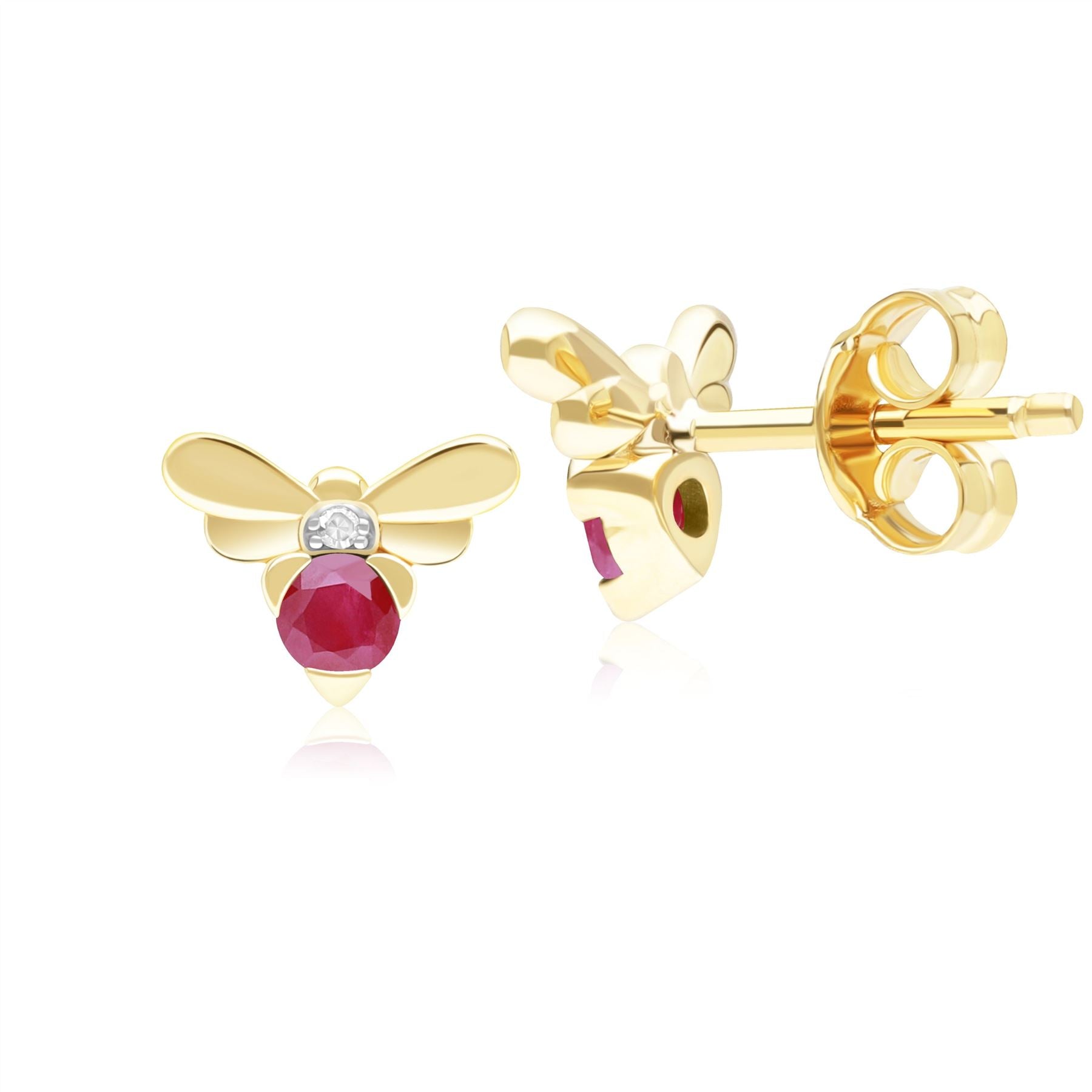 Honeycomb Inspired Ruby Diamond Bee Stud Earrings In Yellow Gold