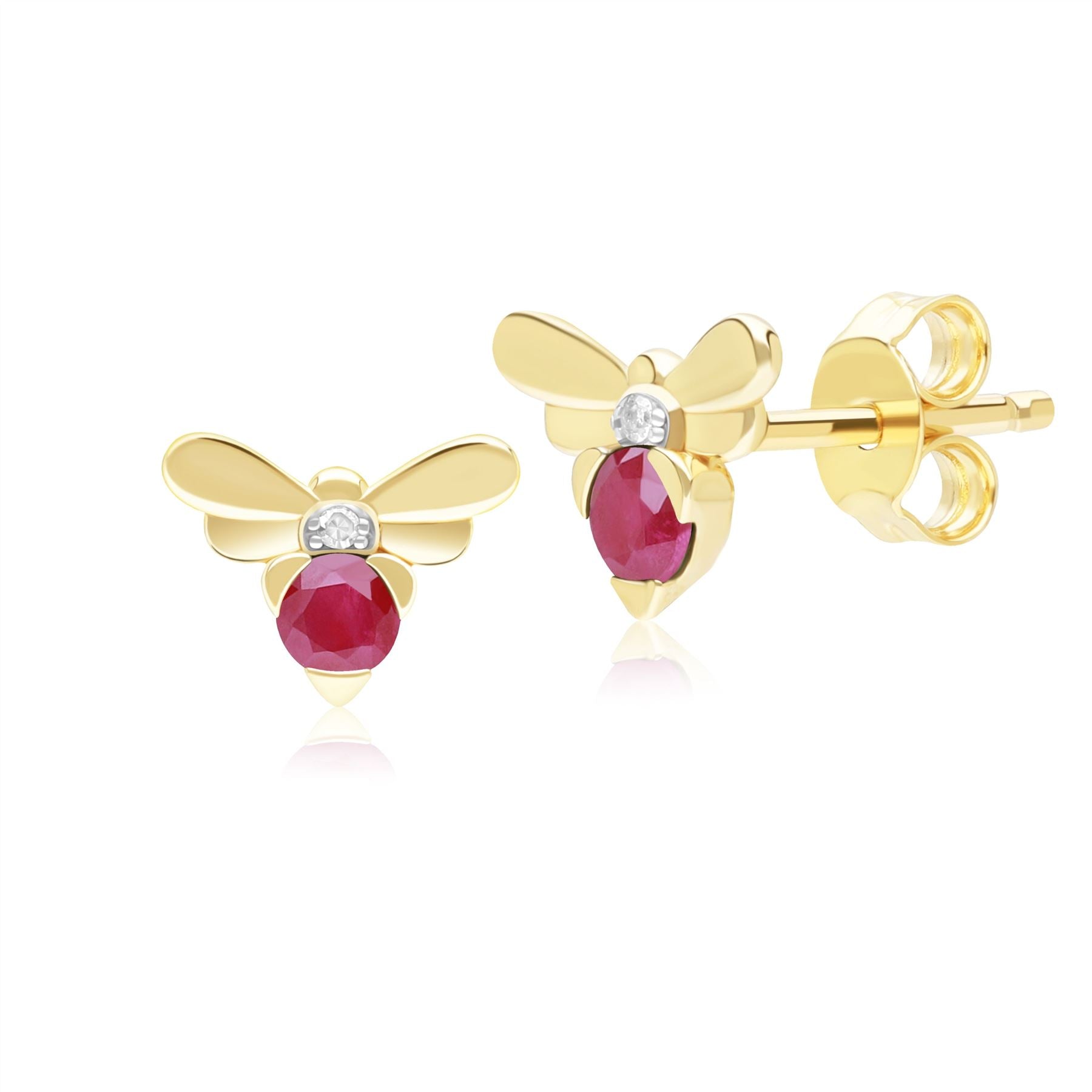 Honeycomb Inspired Ruby Diamond Bee Stud Earrings In Yellow Gold