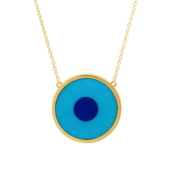 Turquoise Inlay with Lapis Center Evil Eye Yellow Gold Necklace