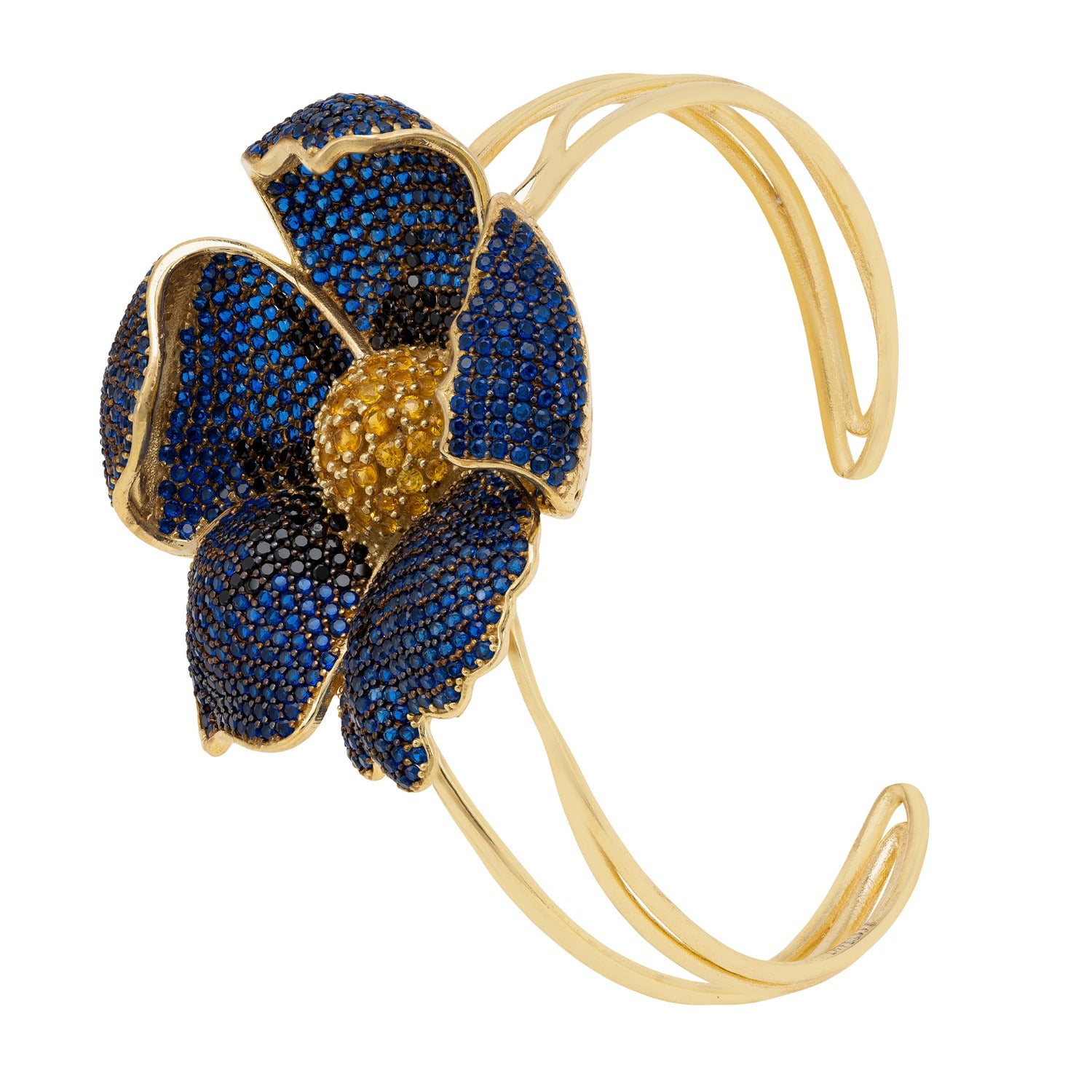 Poppy Bangle Cuff Bracelet Gold Sapphire Blue Cz