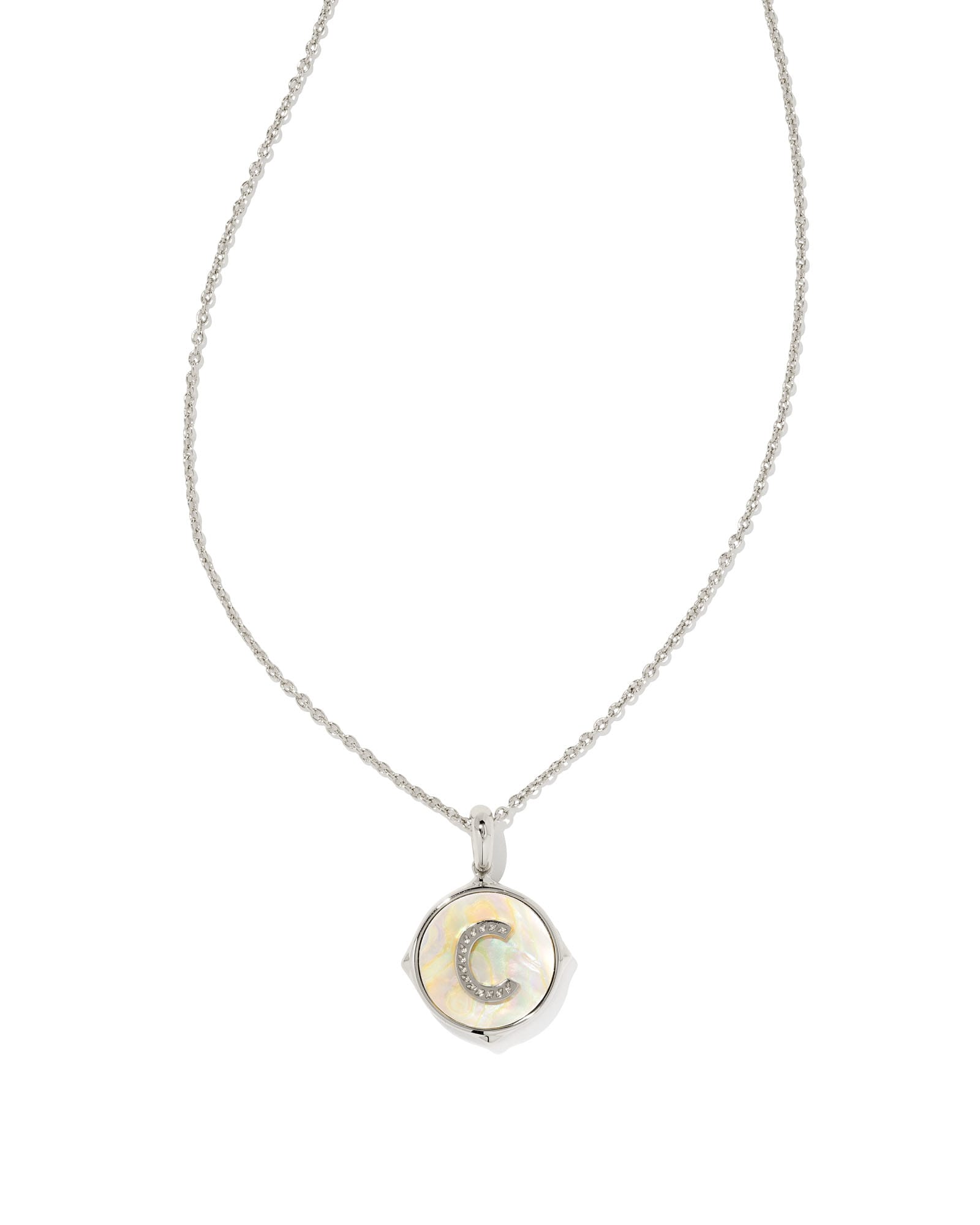 Letter C Silver Disc Reversible Pendant Necklace in Iridescent Abalone