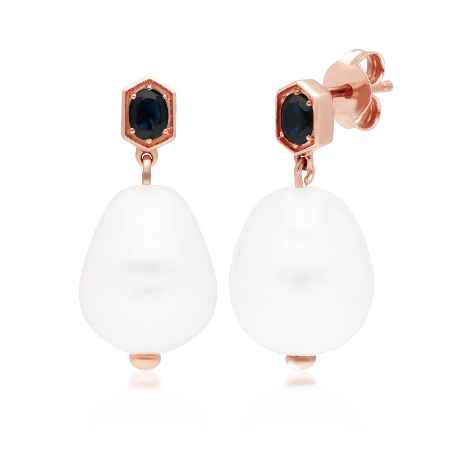 Baroque Pearl Sapphire Drop Earrings In Rose Gold Plated Silver