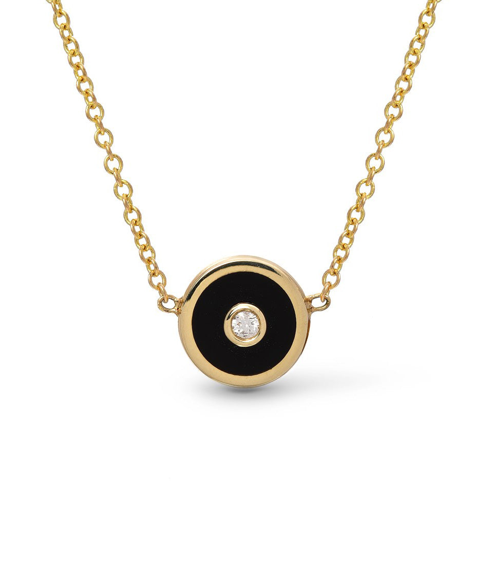 Mini Black Onyx and Diamond Compass Yellow Gold Necklace