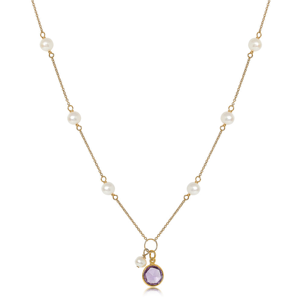 Nova Fine Chain Necklace With Cultured Freshwater Pearls Amethyst Drop