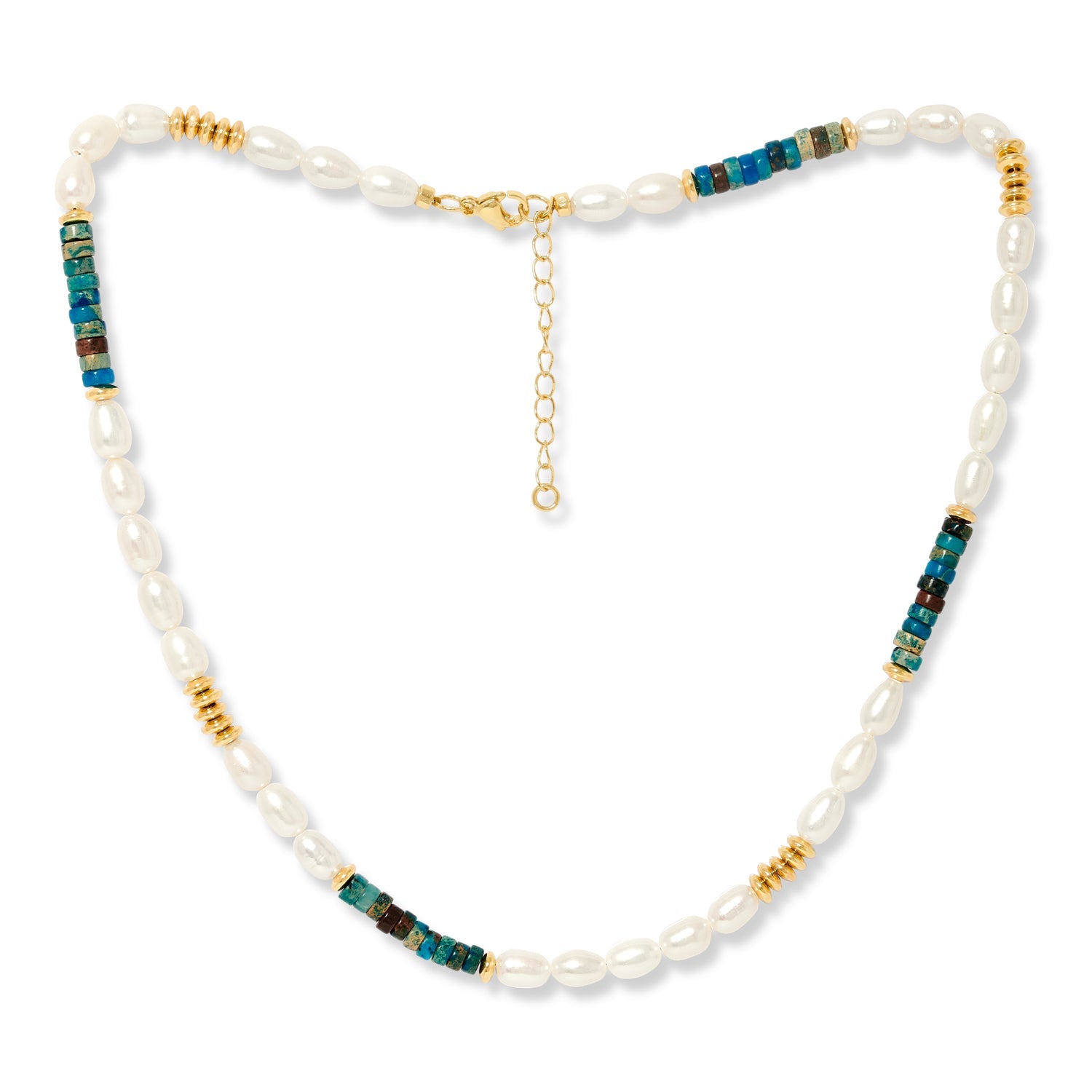 Nova Oval Cultured Freshwater Pearl Necklace With Blue Jasper Gold Beads