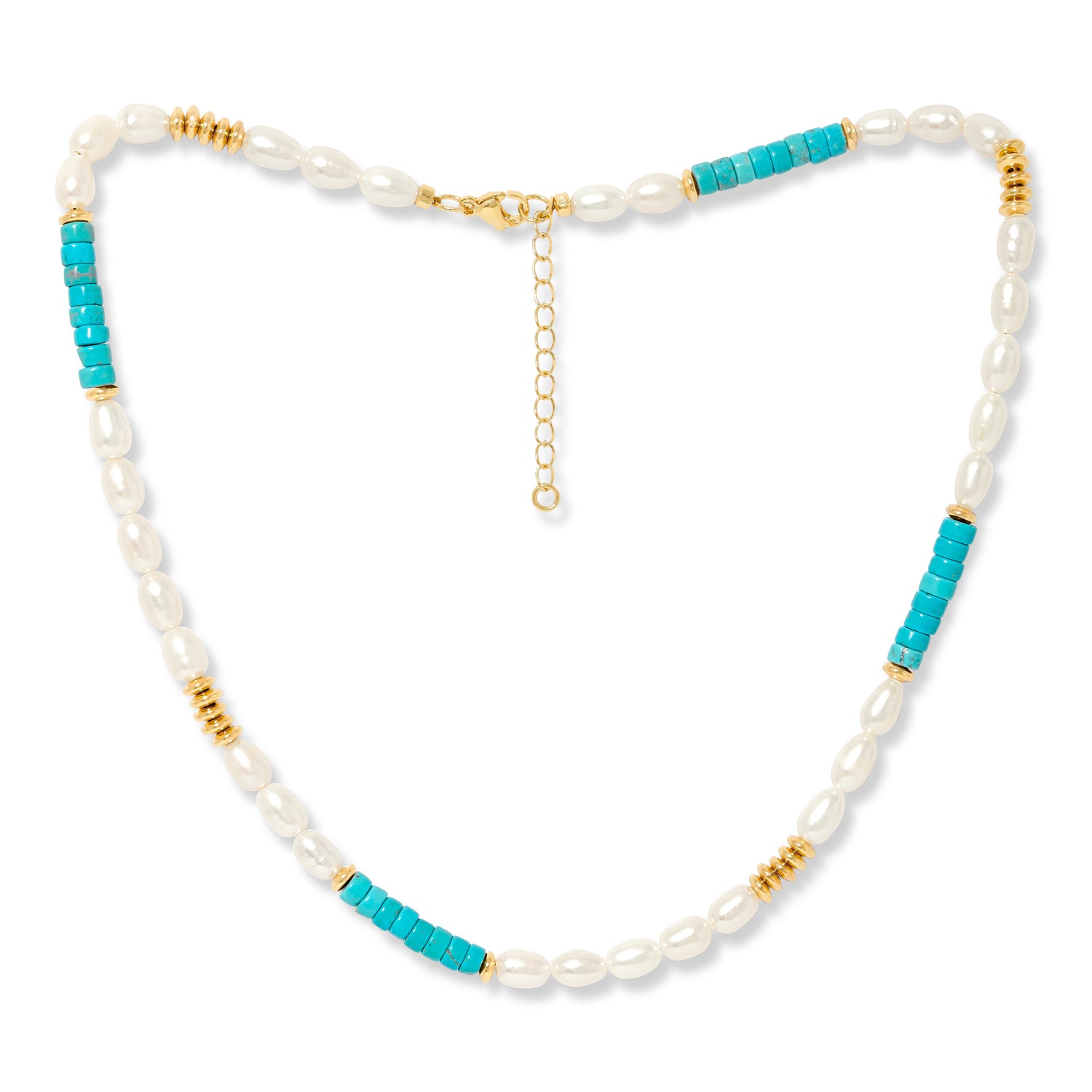 Nova Oval Cultured Freshwater Pearls Necklace With Turquoise Gold Beads