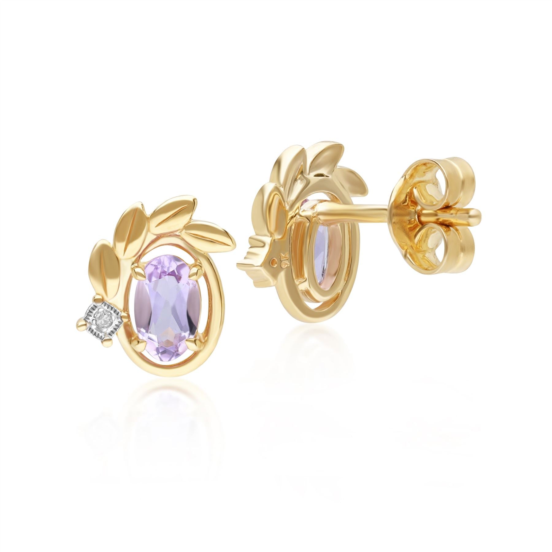 Pink Amethyst Diamond Stud Earrings In Yellow Gold