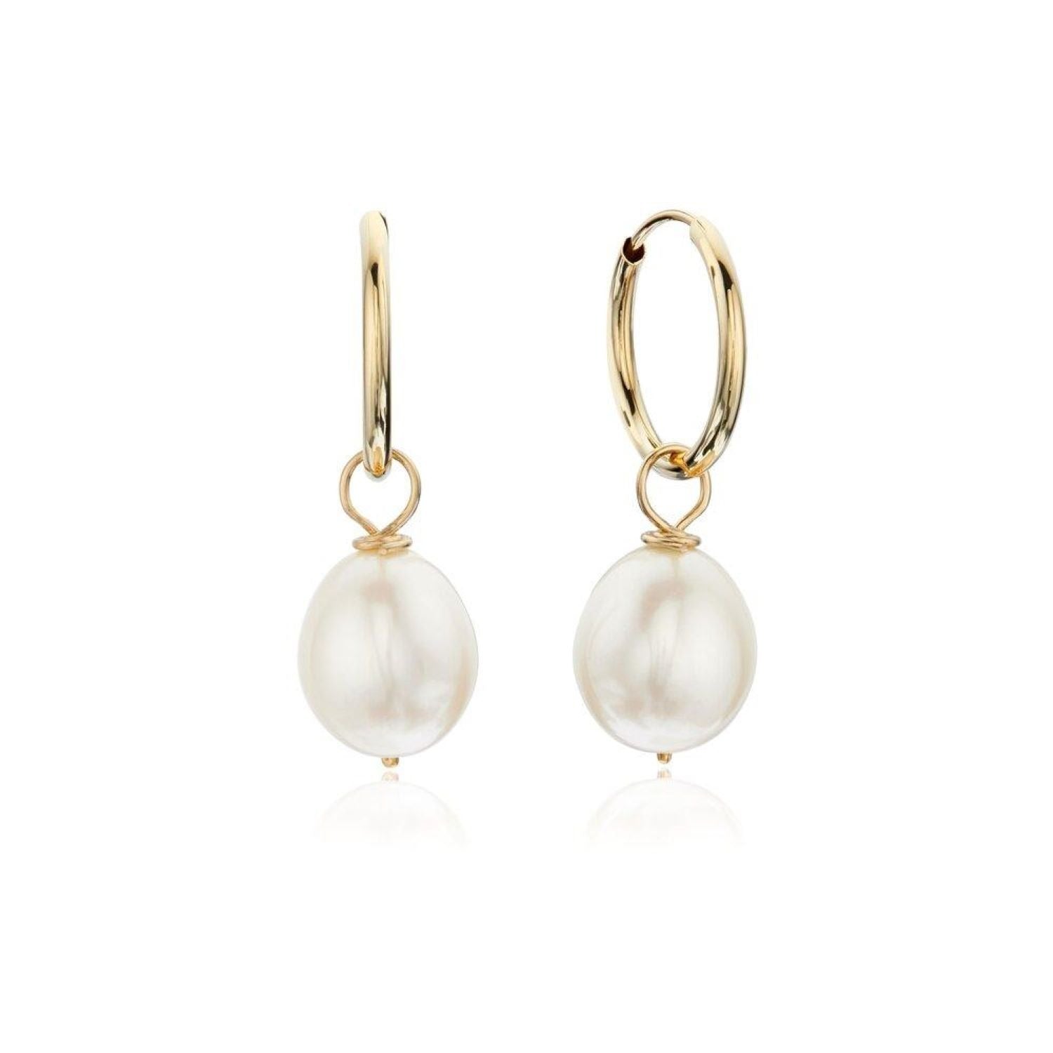 Solid Gold Large Pearl Drop Hoop Earrings