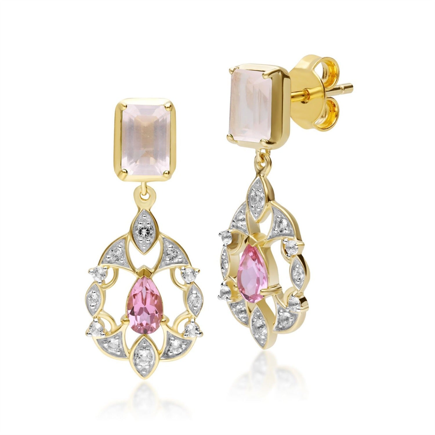 Rose Quartz Tourmaline Topaz Floral Drop Earrings