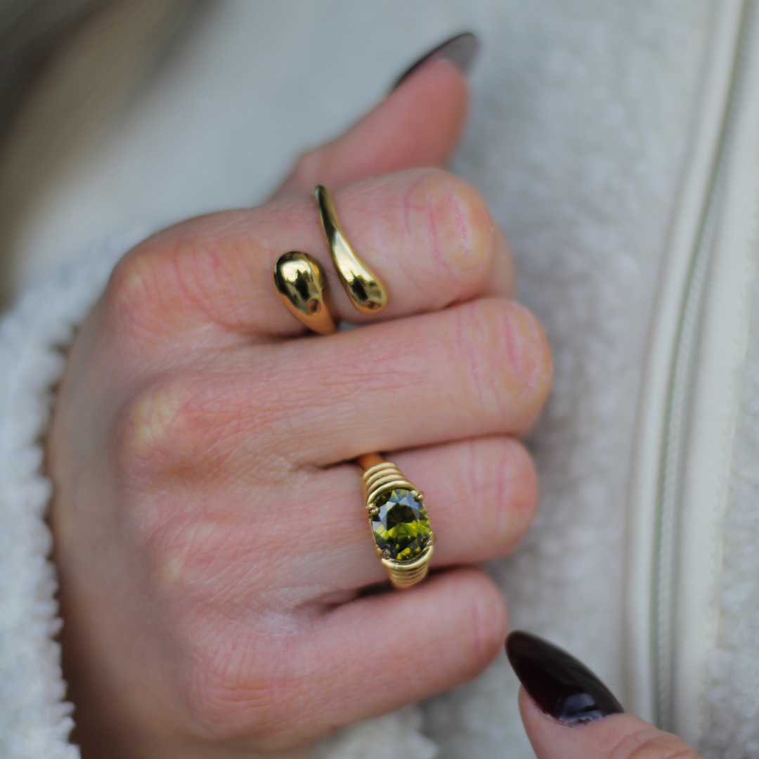 Olive Green Zirconia Gold Signet Ring