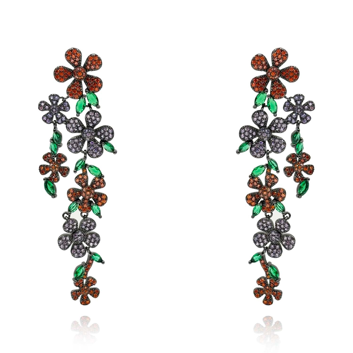 Orange And Amethyst Cubic Zirconium Pave Floral Earrings With Emerald Navettes