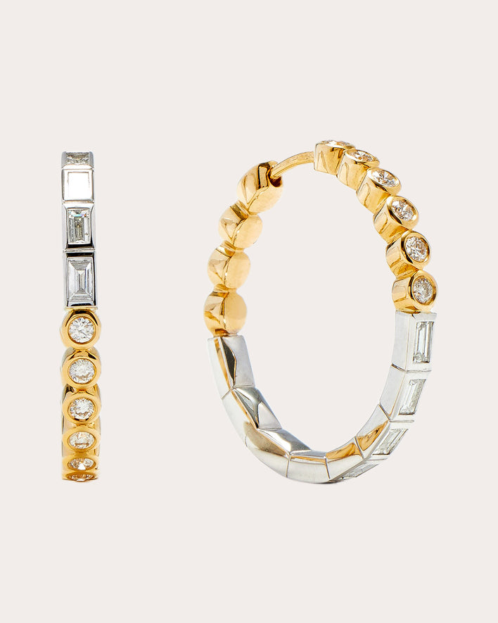 Two-Tone Closed Diamond Baguette Large Hoop Earrings