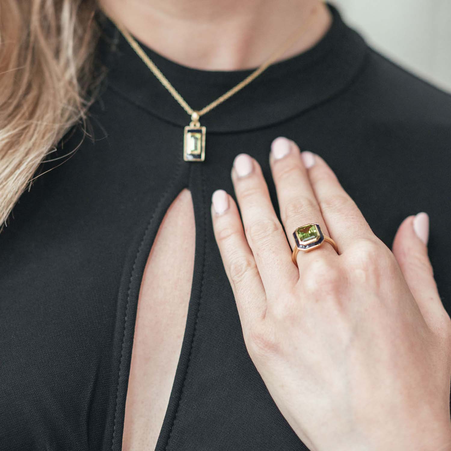 Peridot And Navy Enamel Cocktail Ring