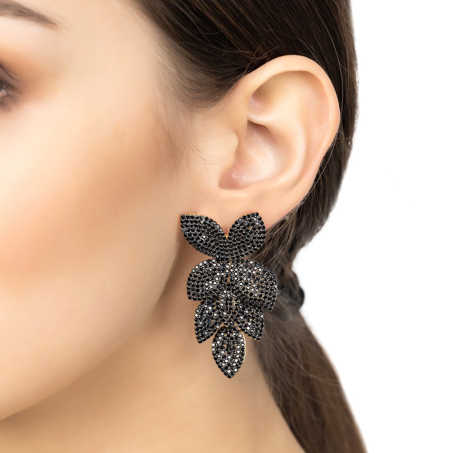 Petal Cascading Flower Earrings Gold Black Cz