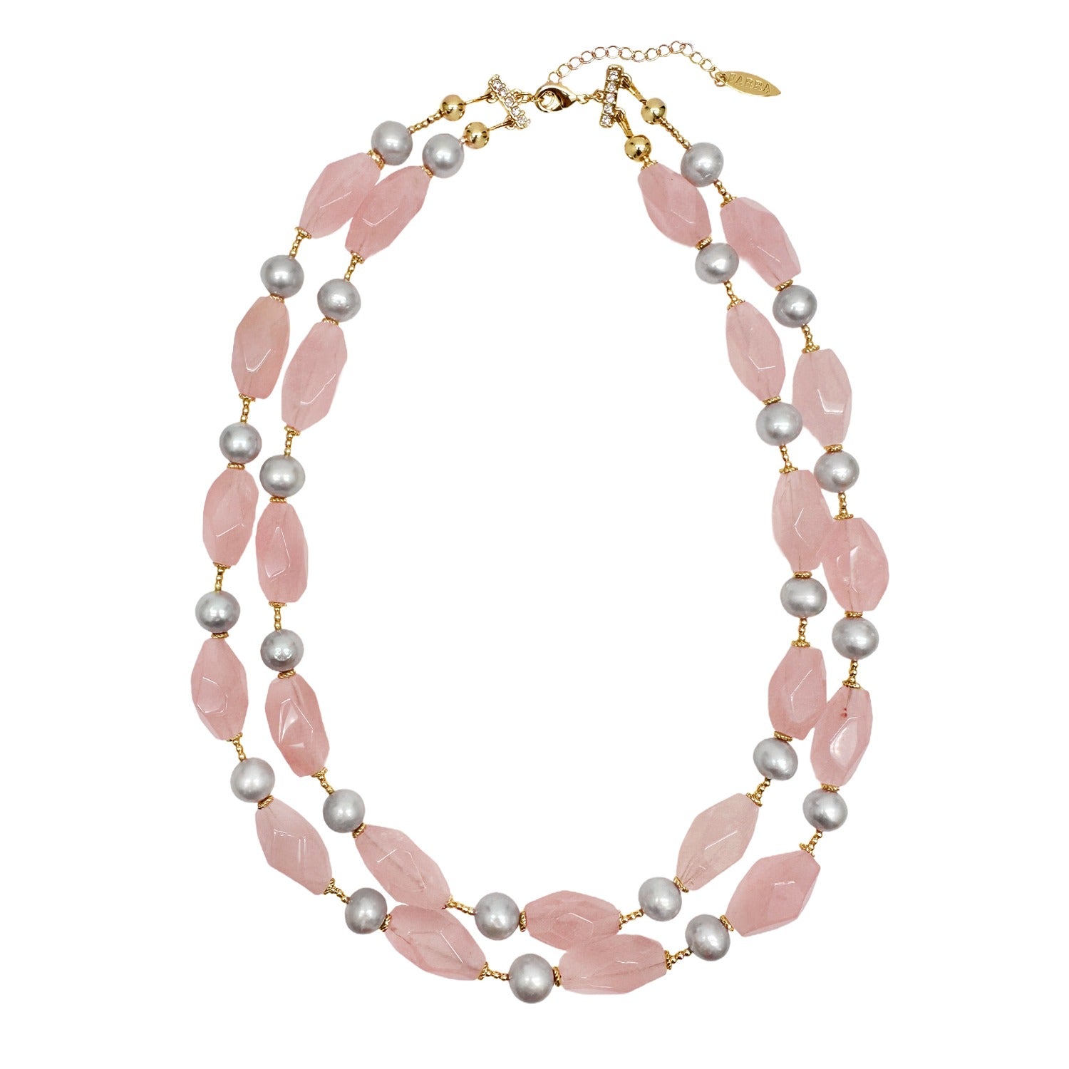 Pink Rose Quartz Gray Freshwater Pearls Double Layers Necklace