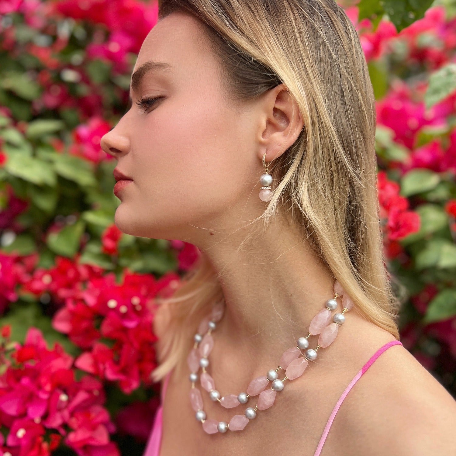 Pink Rose Quartz Gray Freshwater Pearls Double Layers Necklace