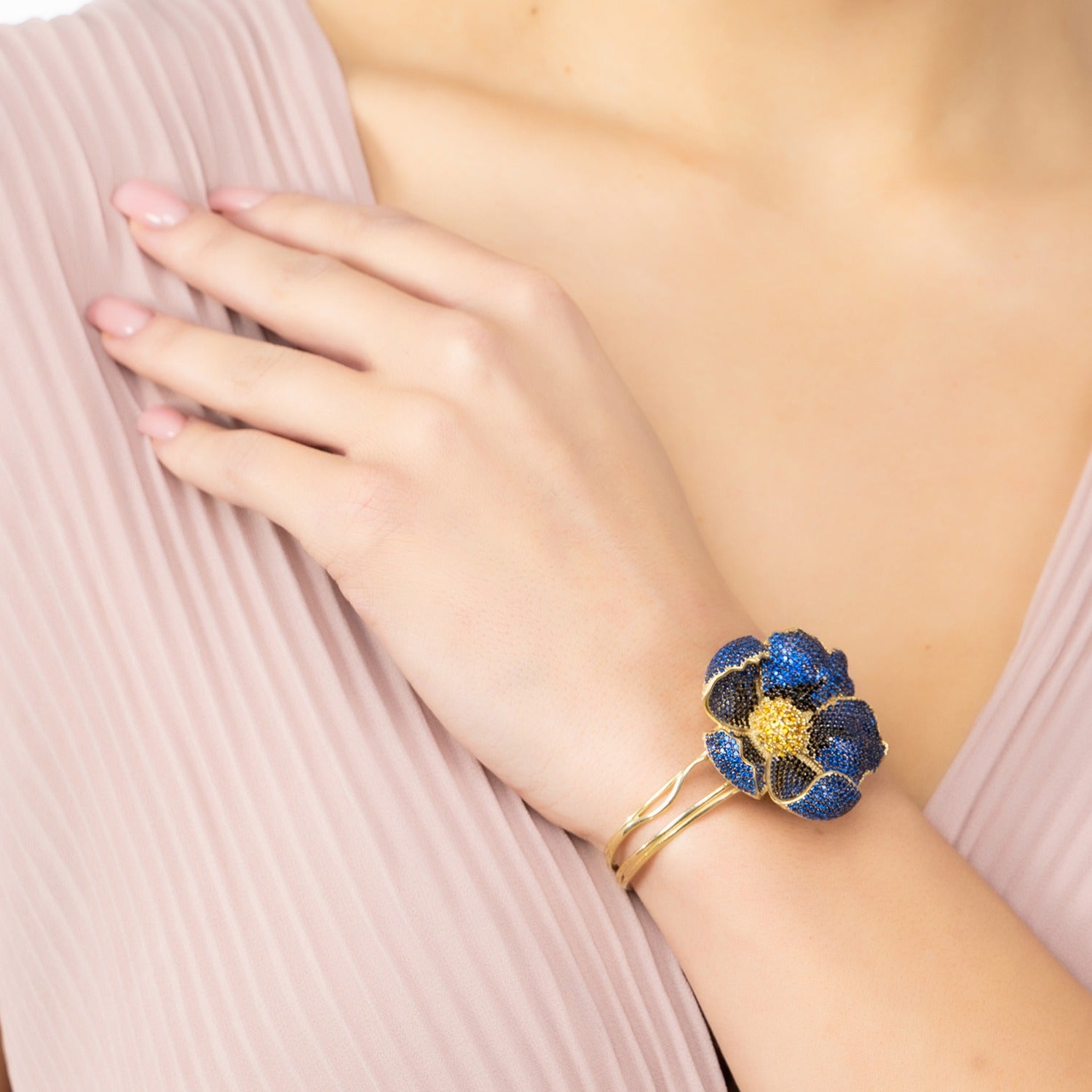 Poppy Bangle Cuff Bracelet Gold Sapphire Blue Cz