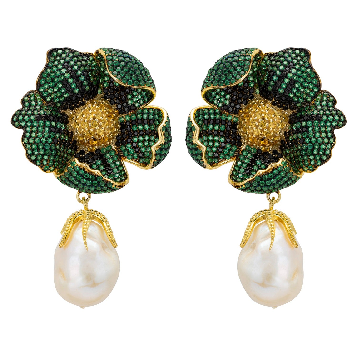 Poppy Flower Baroque Pearl Earrings Emerald Green Gold