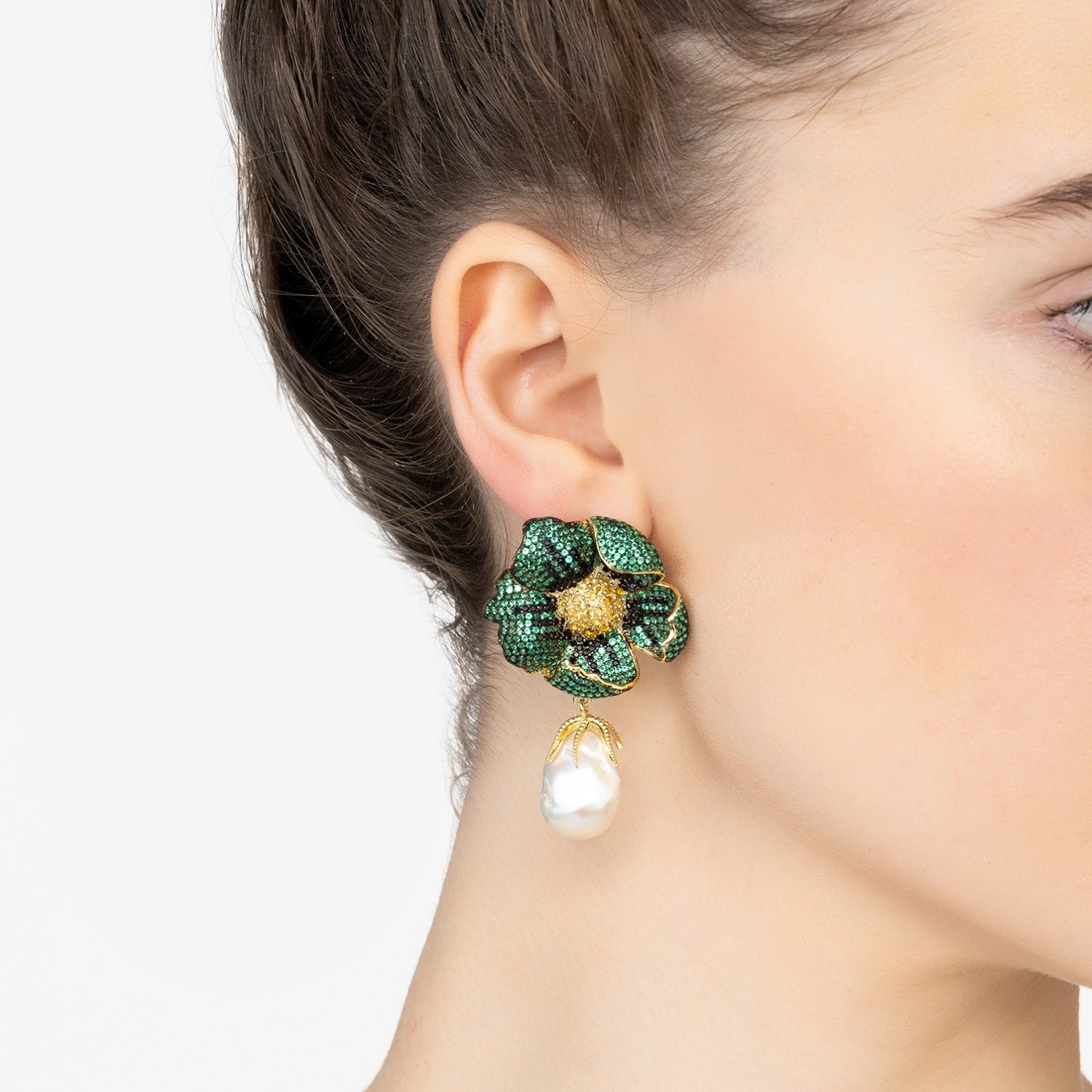 Poppy Flower Baroque Pearl Earrings Emerald Green Gold