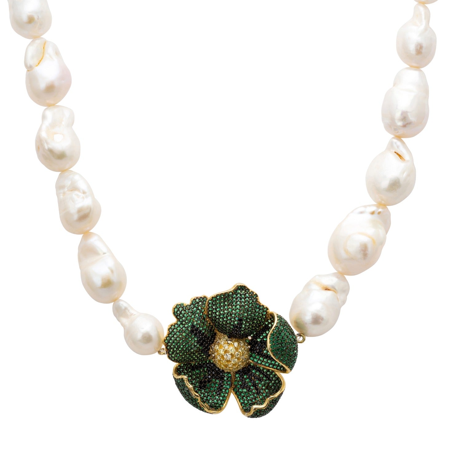 Poppy Flower Baroque Pearl Necklace Emerald Green Gold