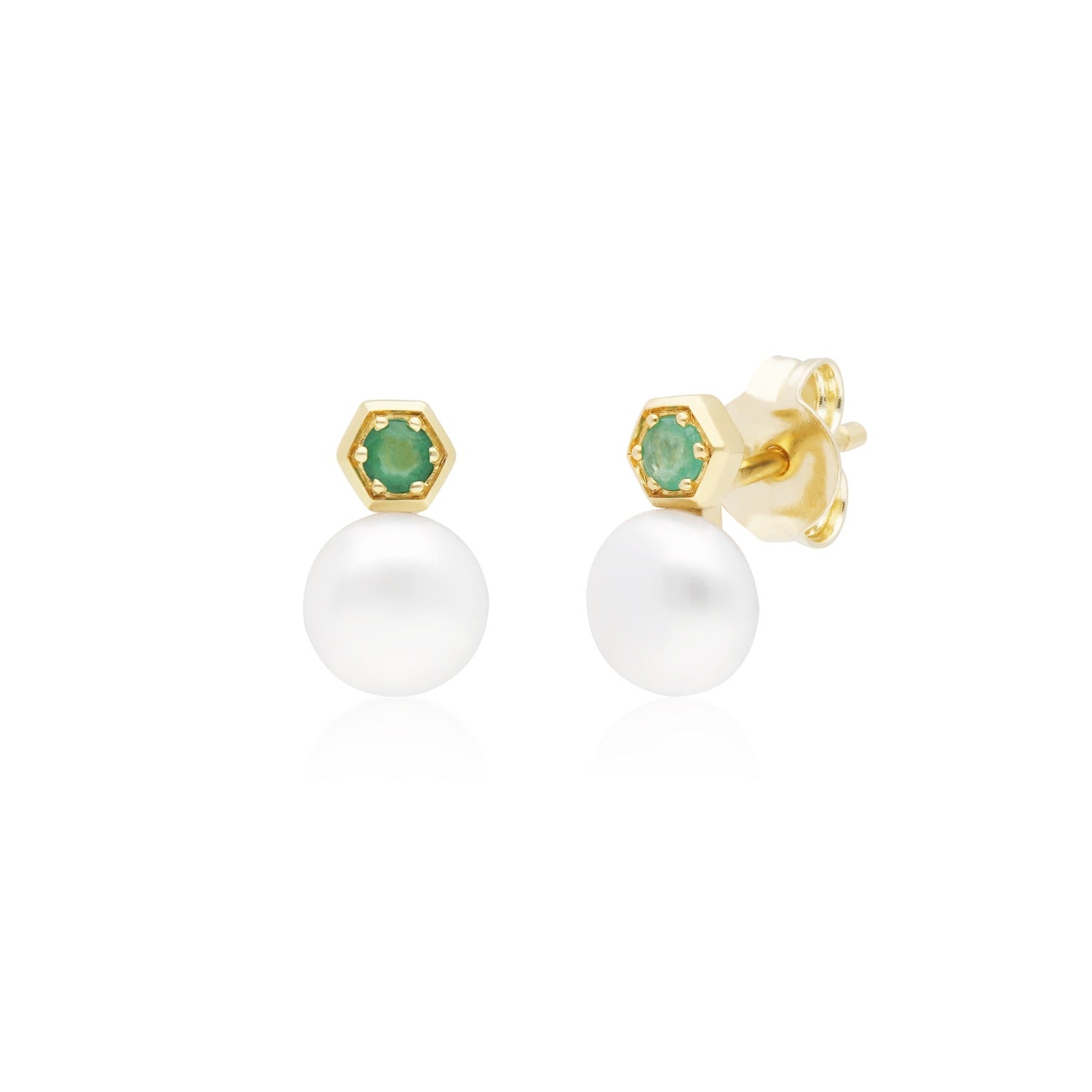 White Pearl Emerald Earrings In Yellow Gold