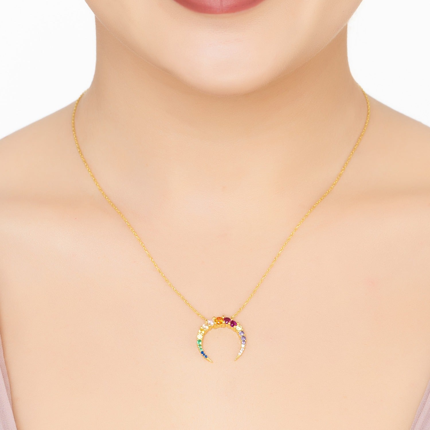 Rainbow Crescent Horn Pendant Necklace Gold