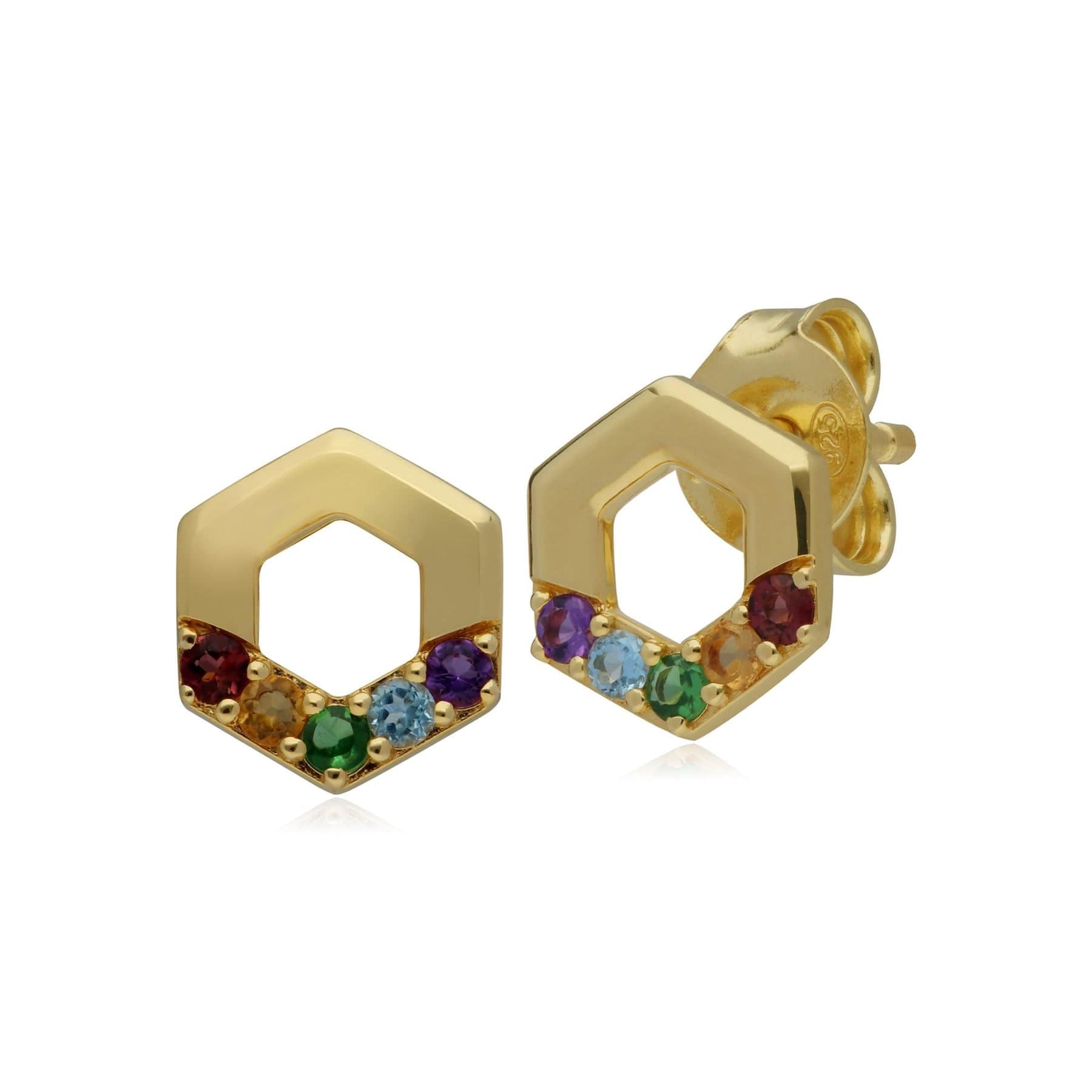 Rainbow Hexagon Stud Earrings In Gold Plated Sterling Silver