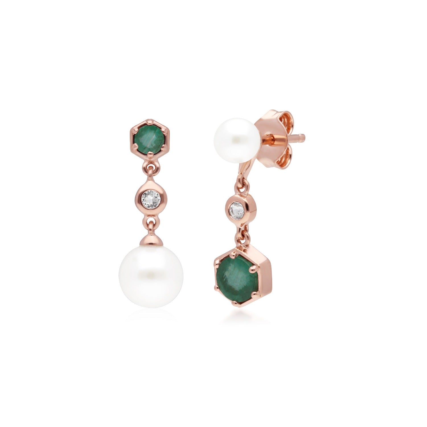 Mismatched Emerald Pearl Topaz Dangle Earrings In Rose Gold Plated Silver