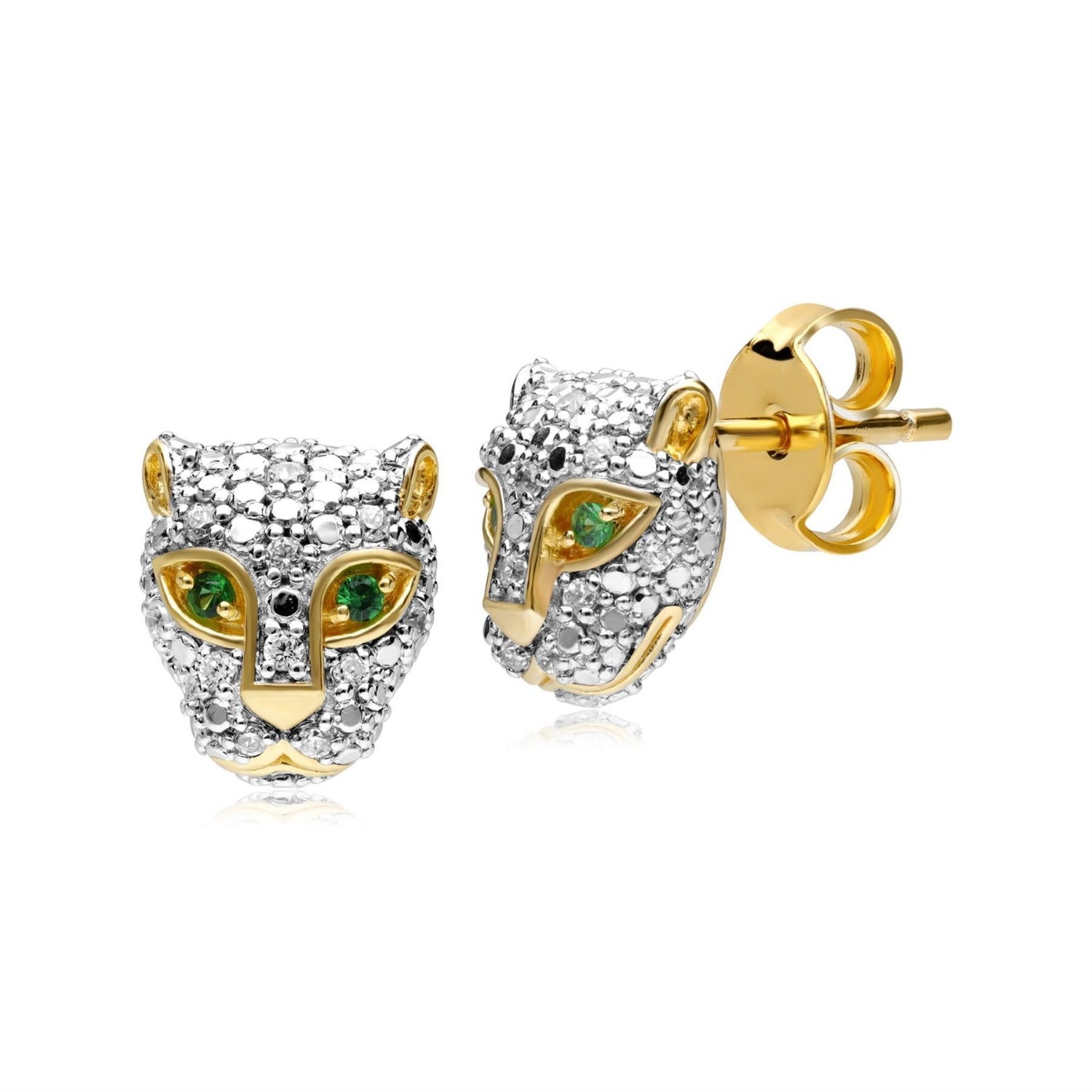 Ecfewtm 9Ct Yellow Gold Tsavorite Diamond Cheetah Stud Earrings