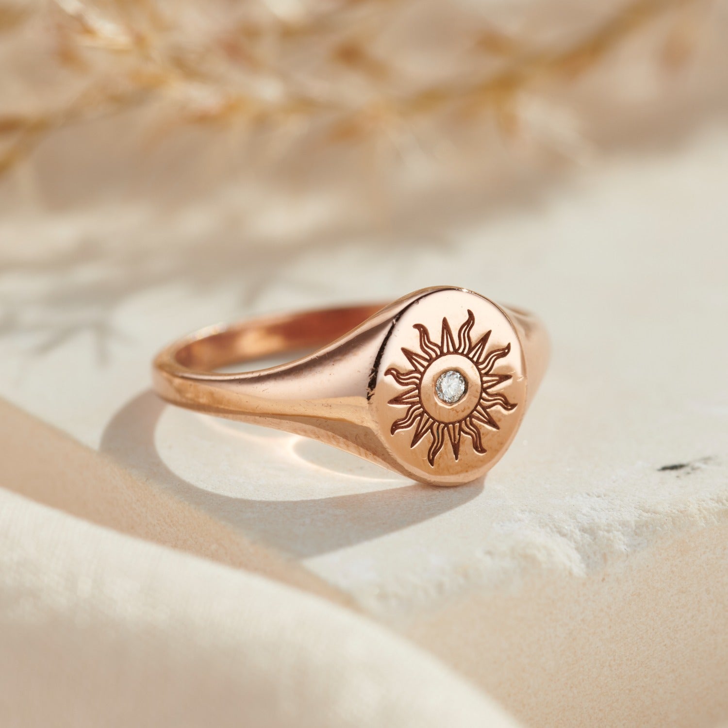 Rose Gold Plated Engraved Sunshine Diamond Signet Ring