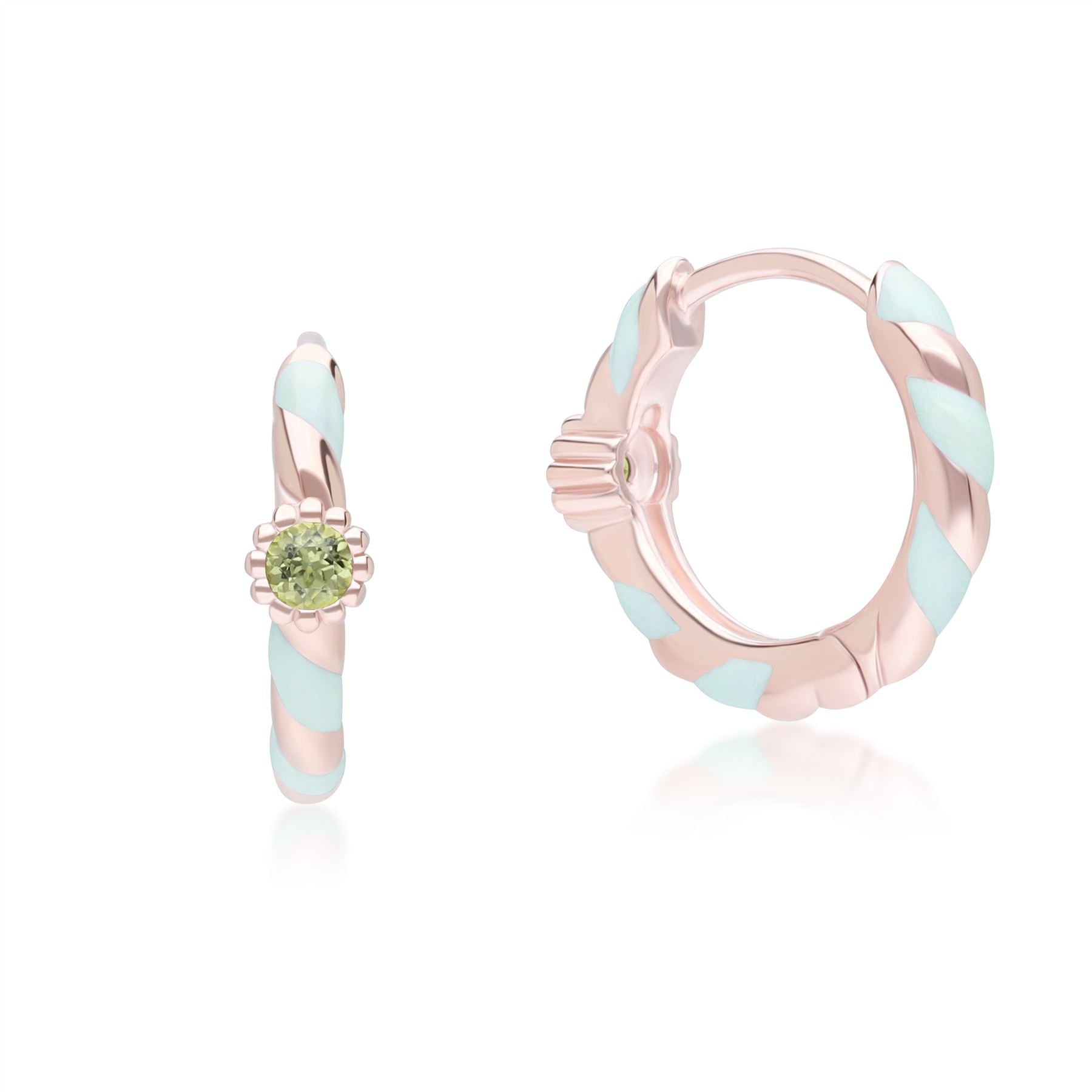 Green Enamel Round Peridot Hoop Earrings In Rose Gold Plated Sterling Silver