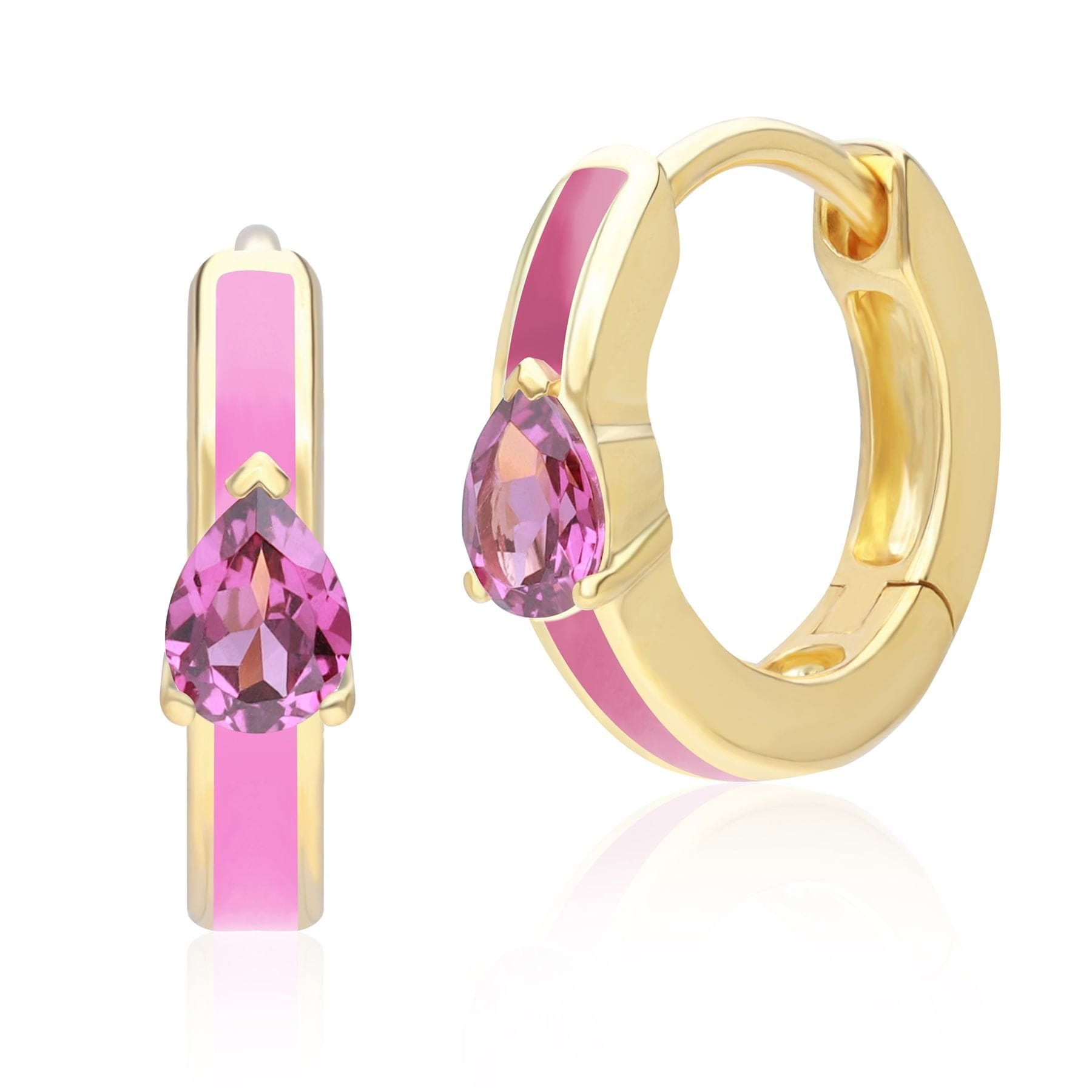 Pink Enamel Rhodolite Hoop Earrings In Gold Plated Silver