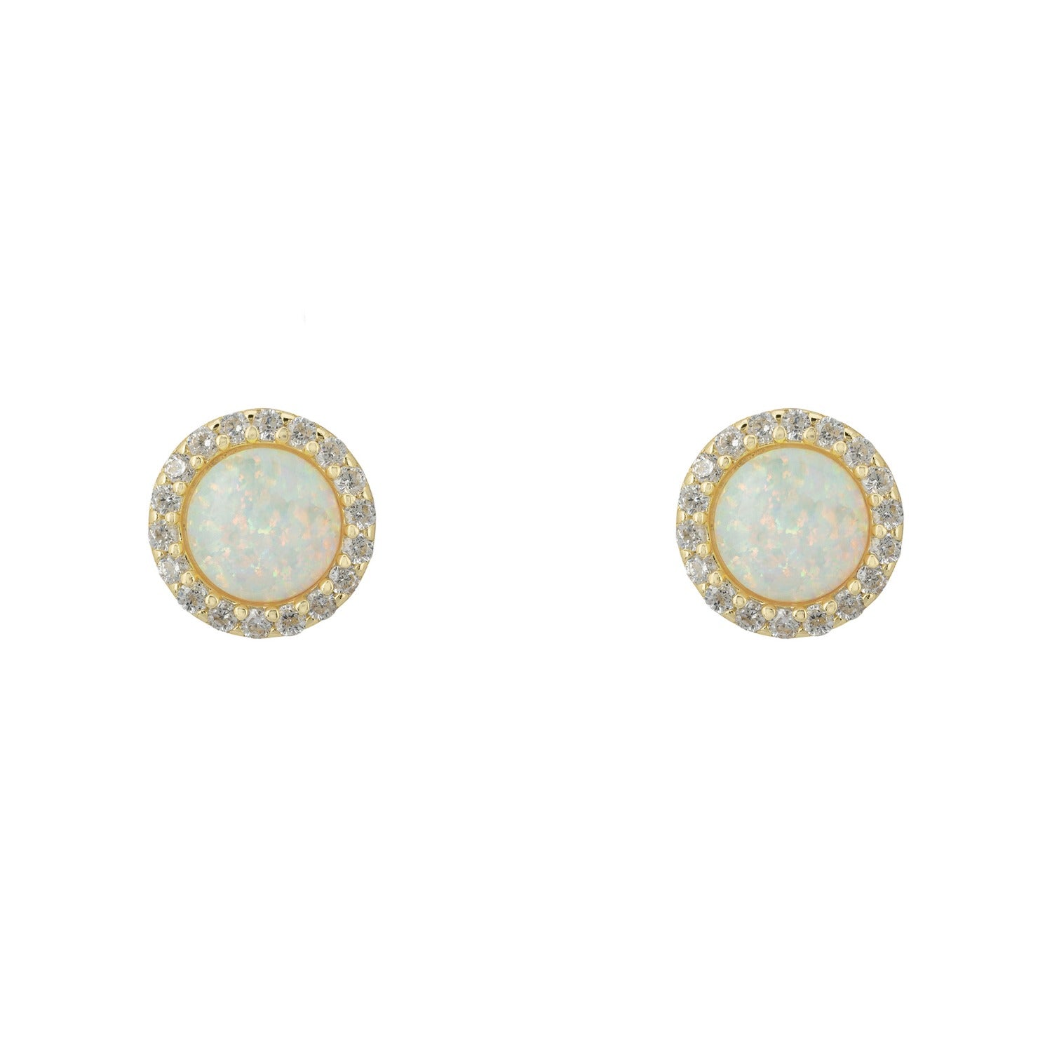 Small Sparkling Halo Opal Stud Earrings Gold