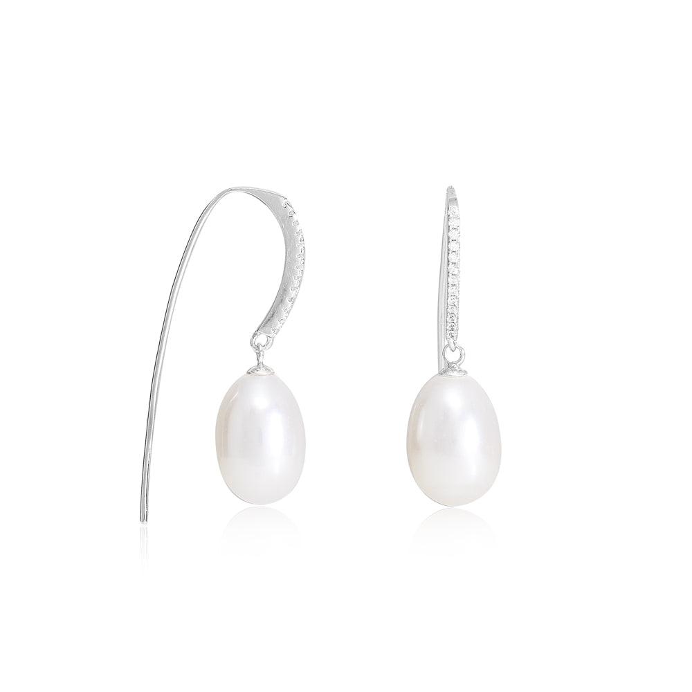 Stella Cultured Freshwater Pearl Drop Earrings On Long Pave Silver Hooks